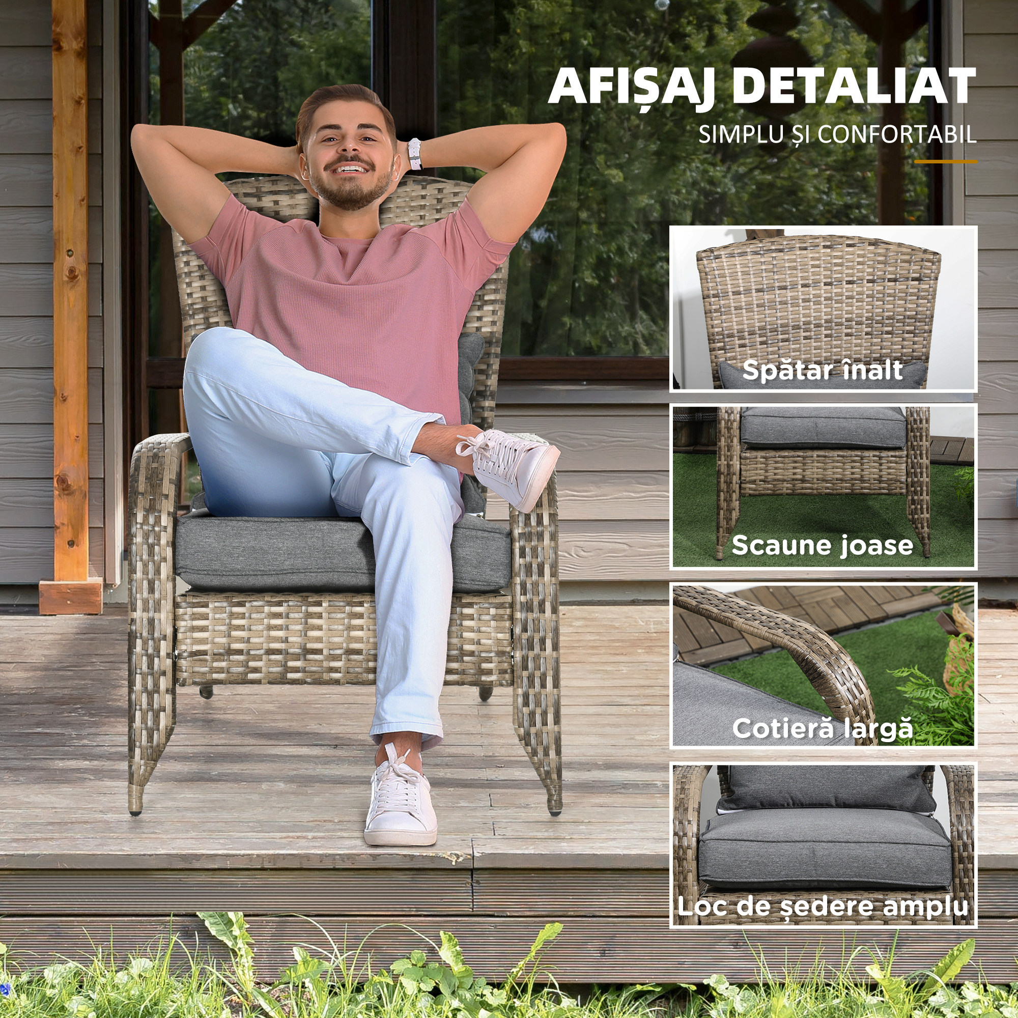  Scaun de Gradina din Ratan, Scaun de Exterior cu Cotiere, Perne si Spatar inalt Curbat, 64x80x90 cm, Gri [4]