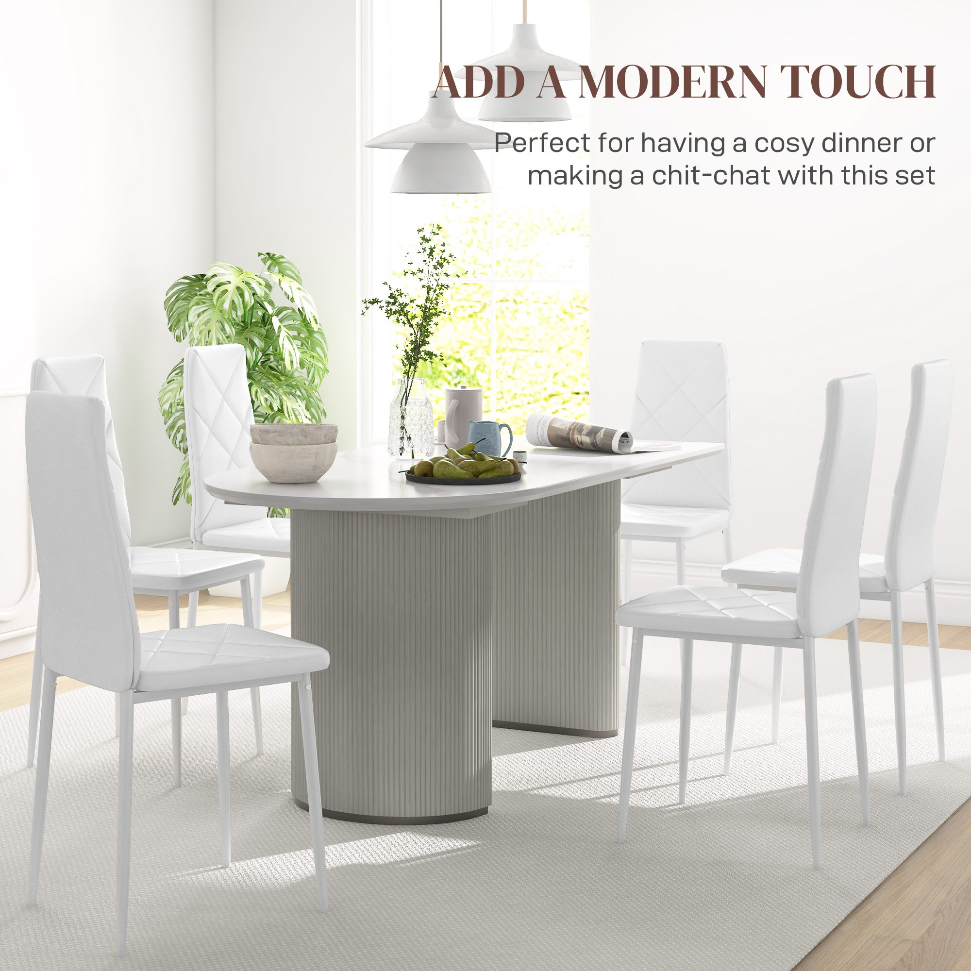  Set de 6 Scaune de Dining Moderne cu Spatar inalt din Piele Ecologica si Otel, 41x50x97 cm, Alb [3]