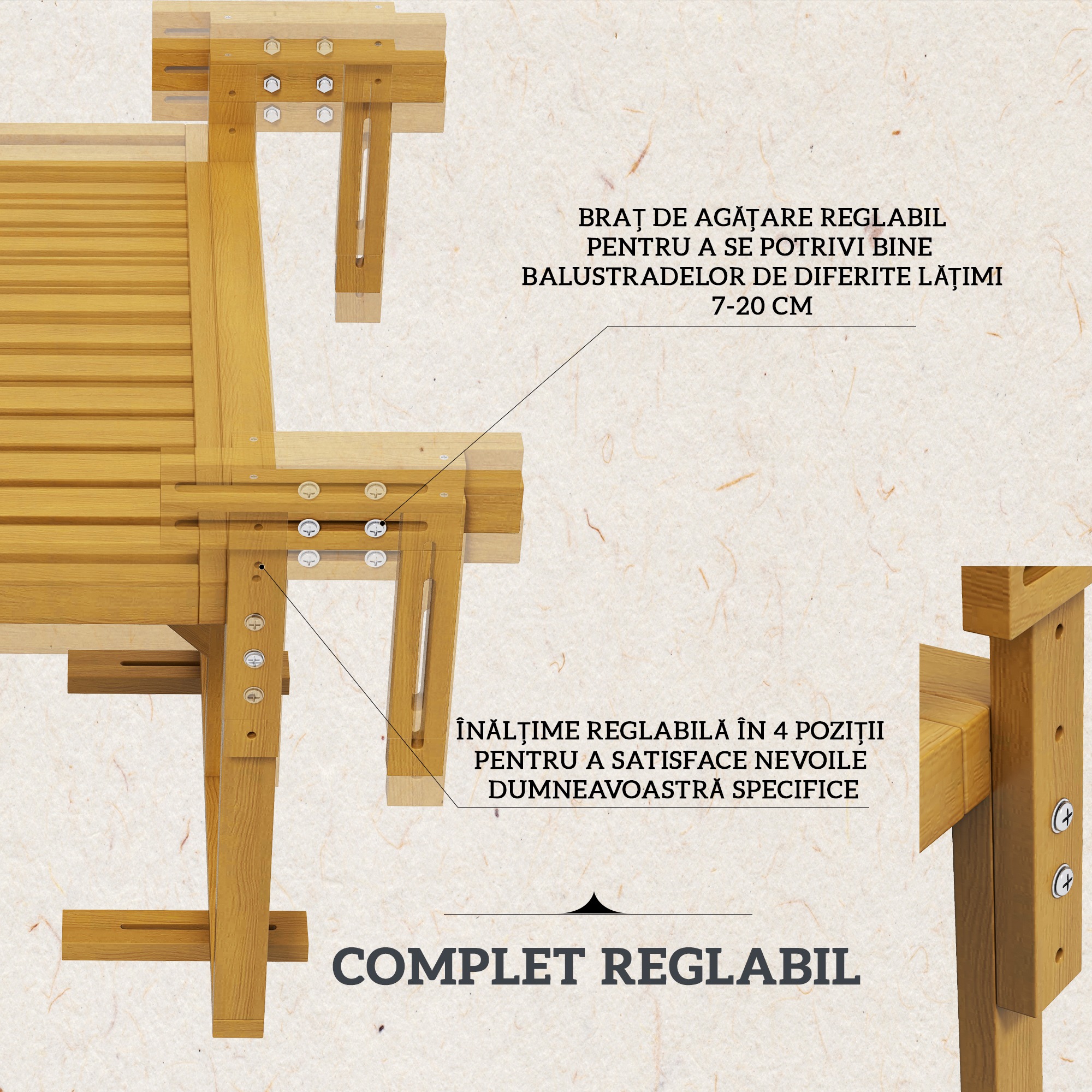  Masa Suspendata de Exterior, Masa Reglabila pentru Balustrada, Blat Suport cu Montare pe Perete, 68x65x40,5-55 cm, Tec [3]