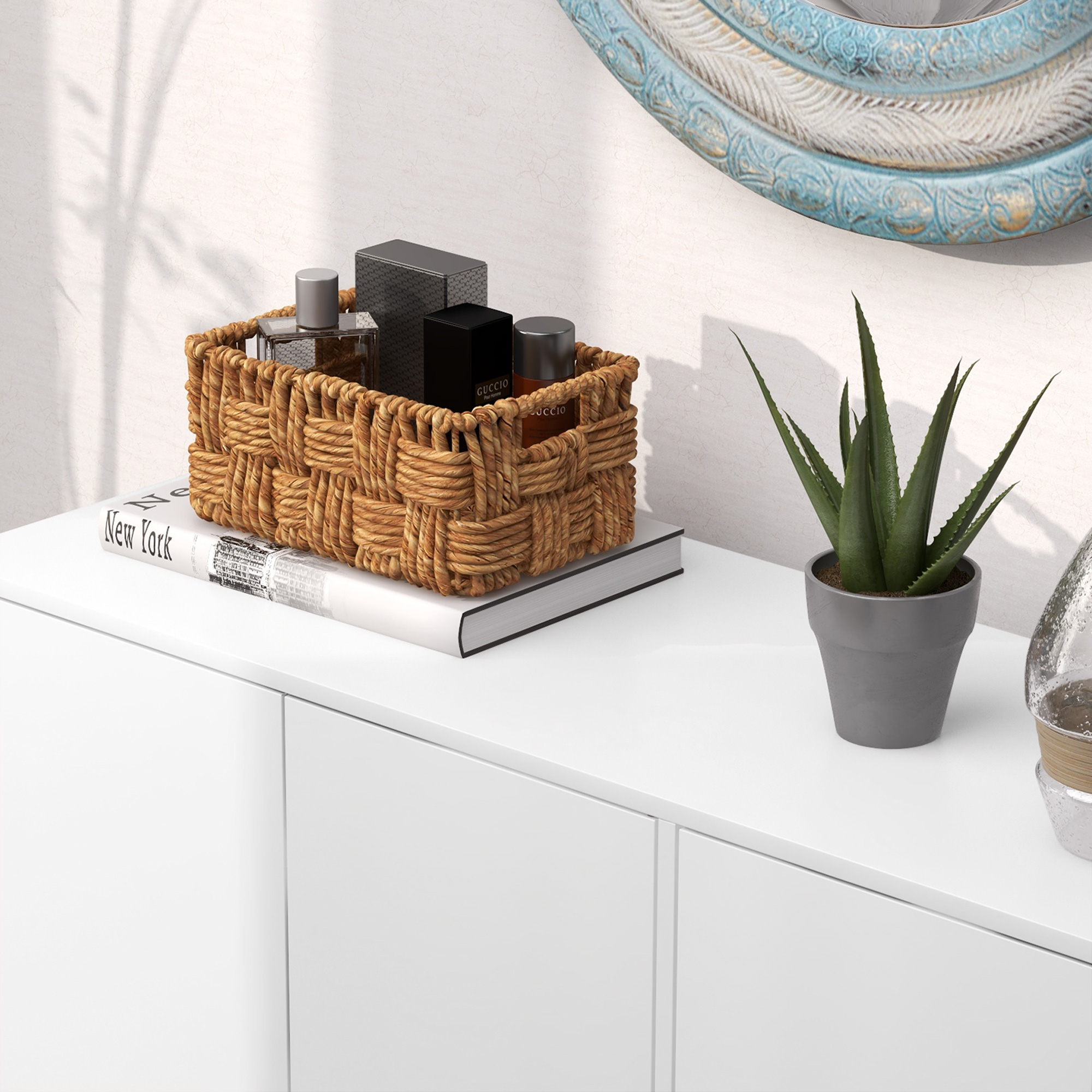  Bufet Modern cu 2 Dulapuri si 3 Rafturi, Mobilier Multifunctional din Lemn, 107x40x80 cm, Alb [8]