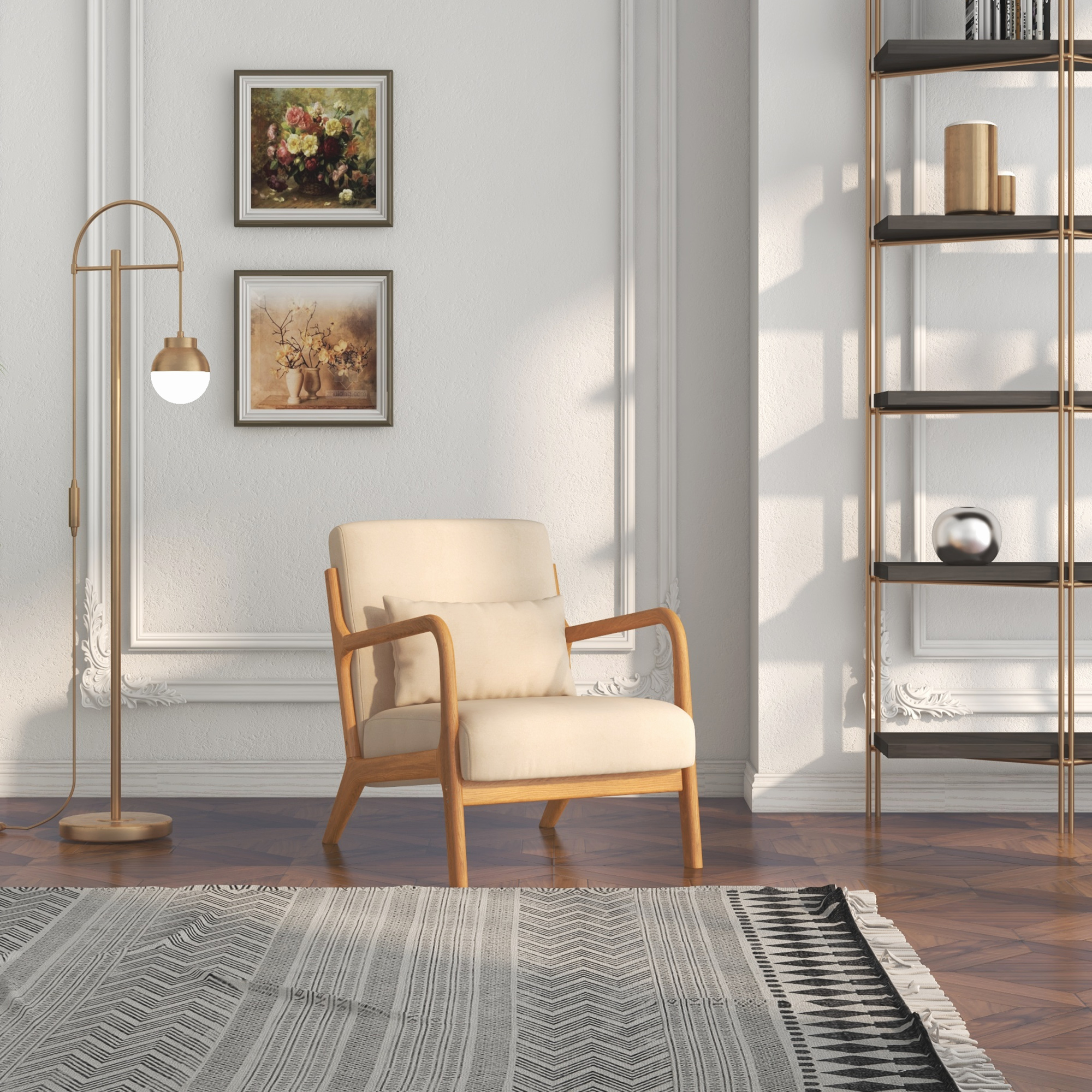  Fotoliu din Catifea cu Structura din Lemn, Tapiterie cu Arcuri in S si Perna, 61x78x76 cm, Bej [5]