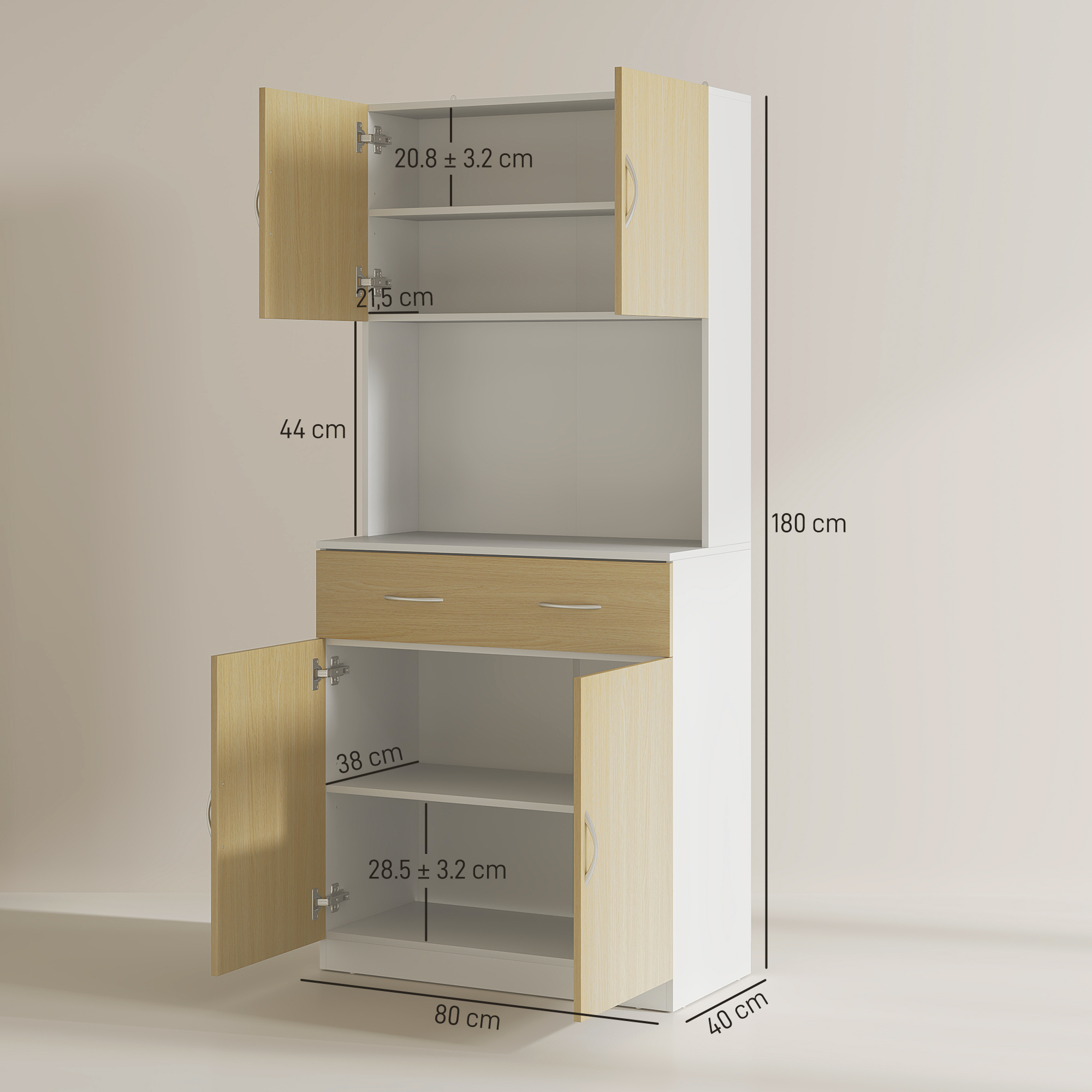  Dulap inalt de Bucatarie cu 2 Usi, Sertar, Bufet inalt din Lemn cu Rafturi Reglabile, 80x40x180 cm, Lemn Natural [2]