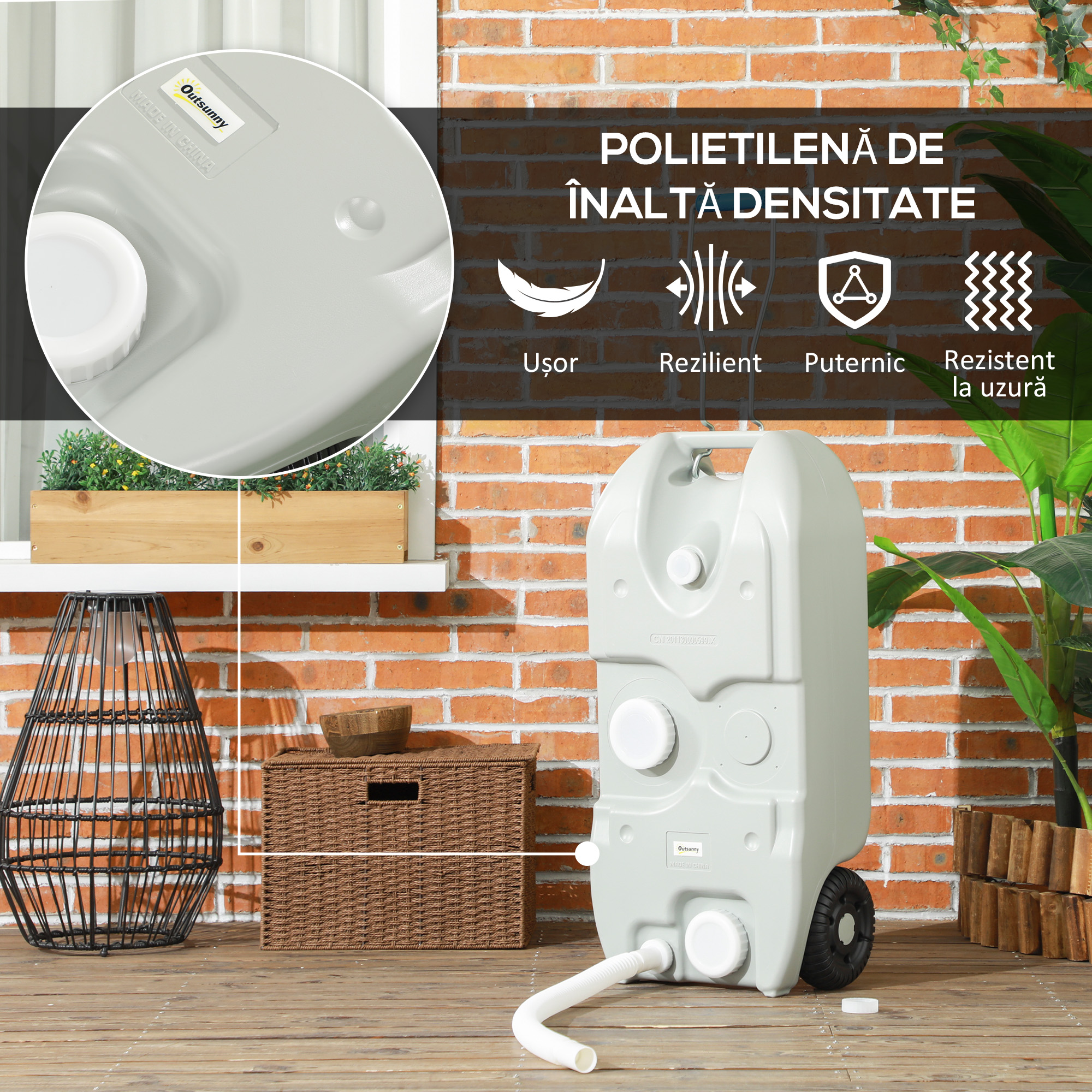  Rezervor pentru Apa de Camping 40L cu Roti si Maner Reglabil, Tub si Robinet Inclus, Gri [6]