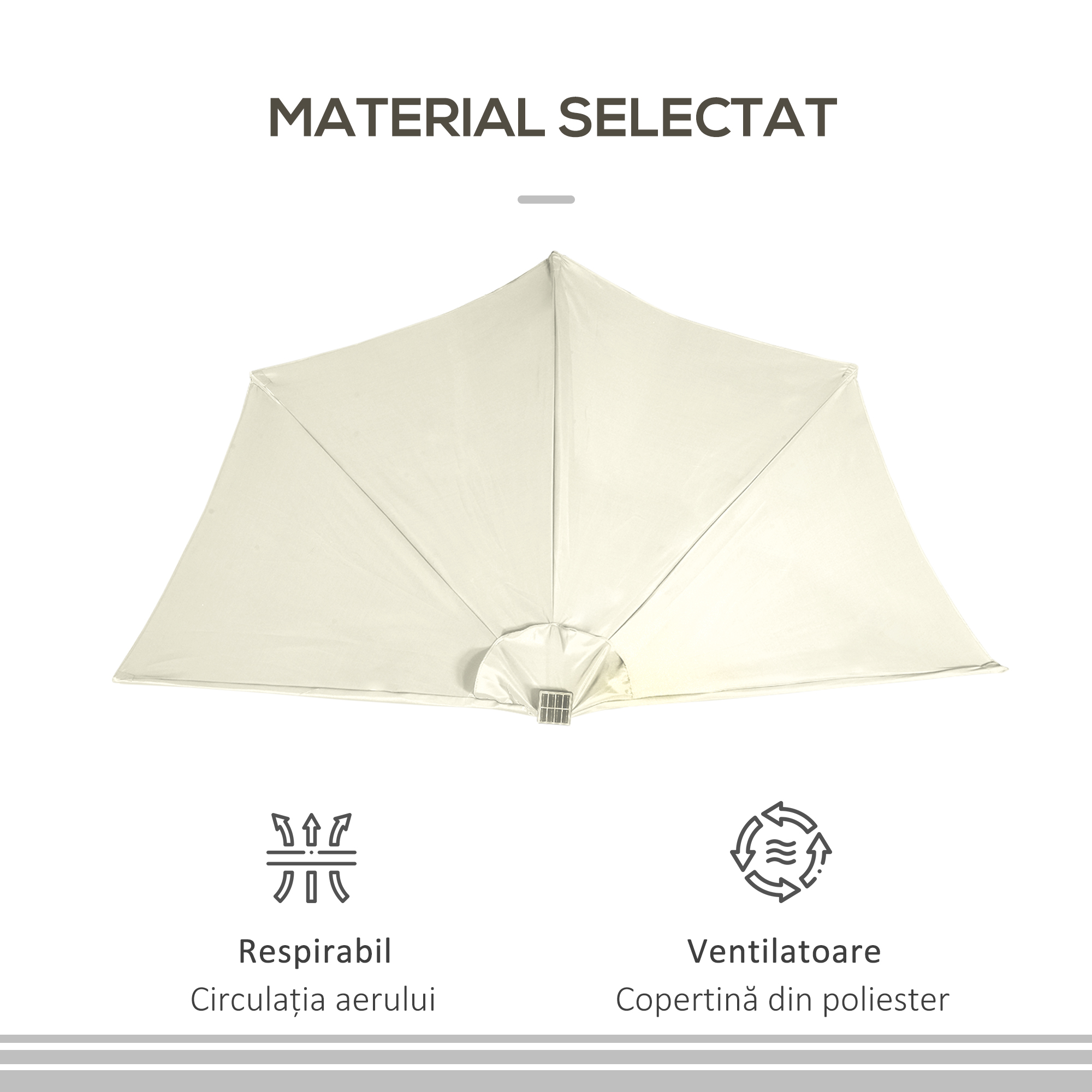  Umbrela Semicirculara cu 20 Lumini LED, Panou Solar, Manivela si Tija in 2 Sectiuni, 265x135x240 cm, Bej [6]
