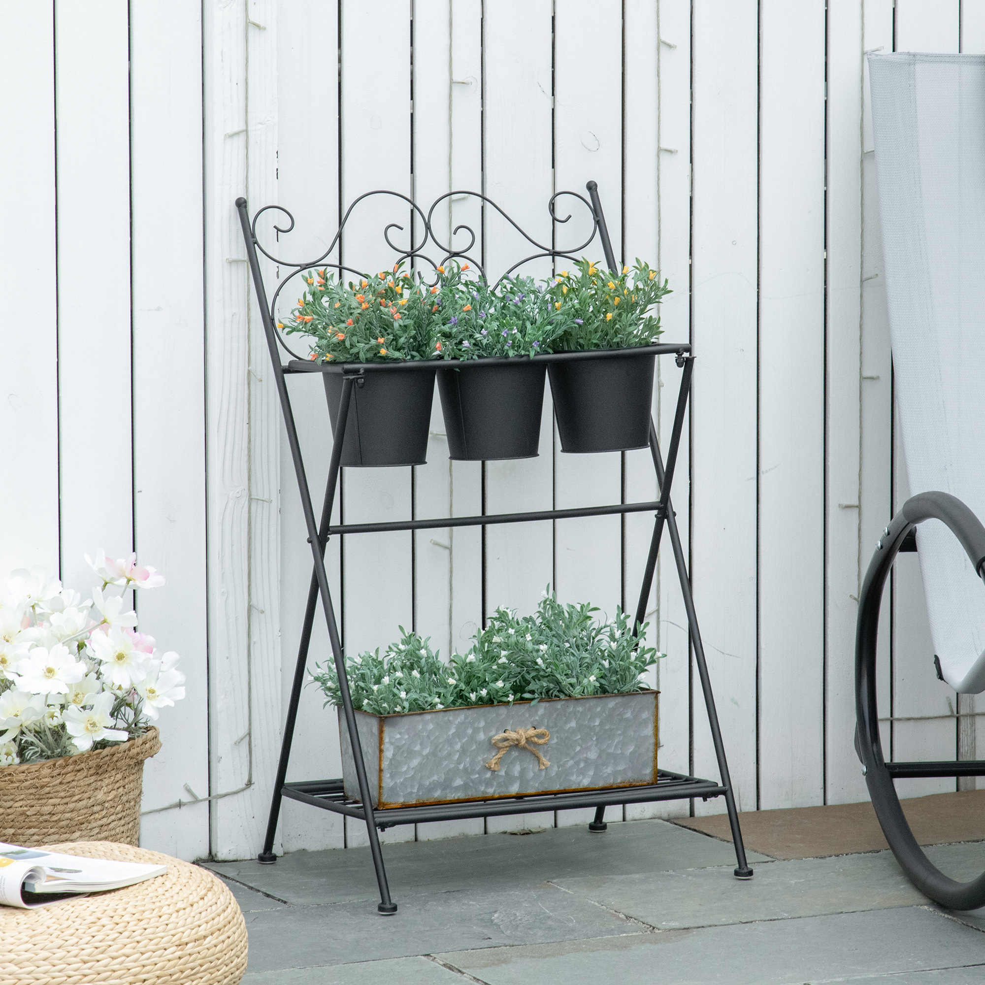 Suport pentru plante din Metal Pliabil  cu 3 Ghivece, Raft pentru Plante cu Etajera pentru Casa si Gradina, 47x37x78,5 cm, Negru [1]