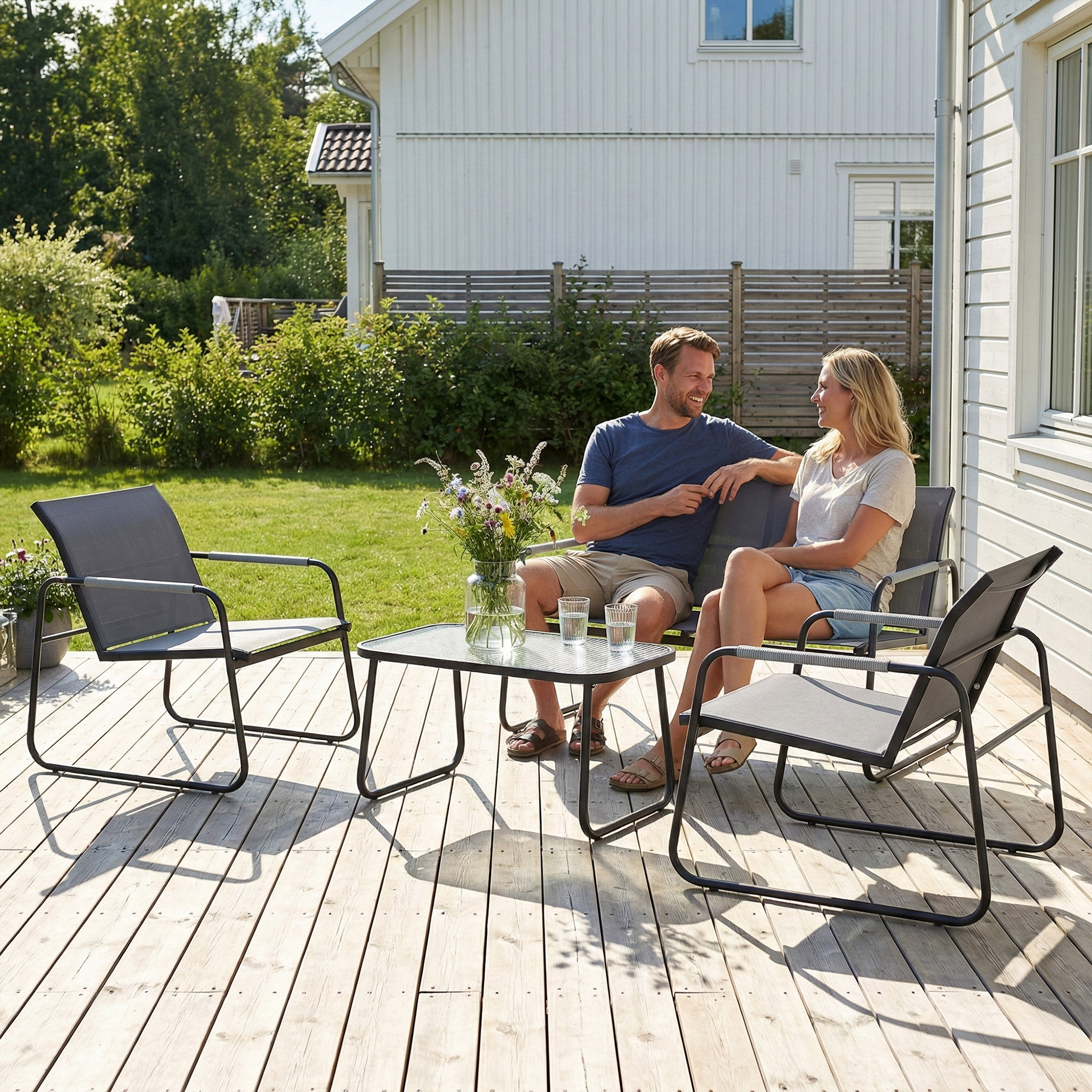  Set de Gradina 4 Piese, Canapea cu 2 Locuri, 2 Fotolii, Masuta din Sticla Temperata, Gri [7]