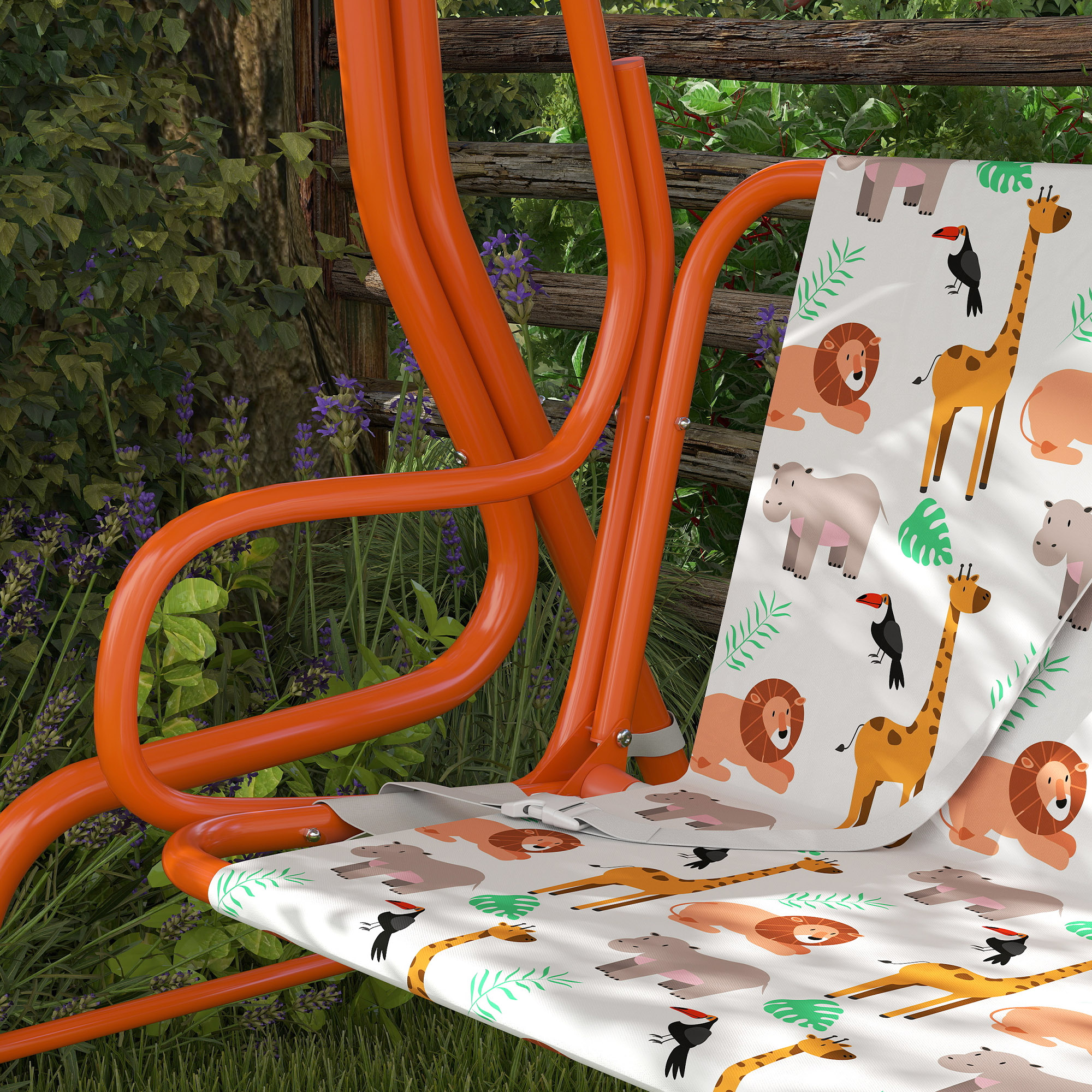  Leagan pentru Copii cu 2 Locuri, Acoperis Reglabil si Curele de Siguranta, Leagan pentru Gradina si Interior din Otel si Material Oxford, Max 60 kg, 112x75x120 cm, Portocaliu [7]