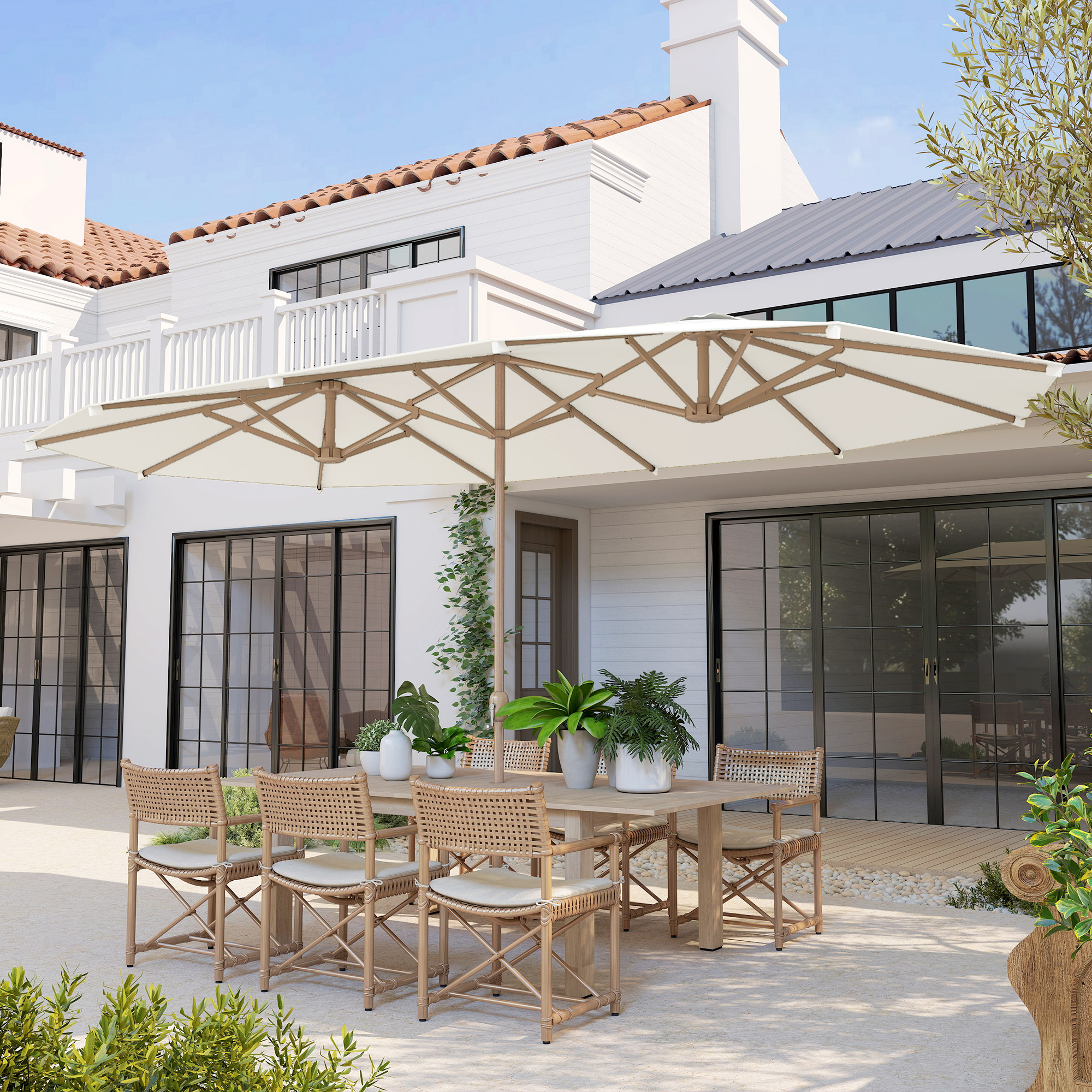  Umbrela Dubla cu Deschidere cu Manivela, din Otel si Poliester, 455x265x238 cm, Bej [7]