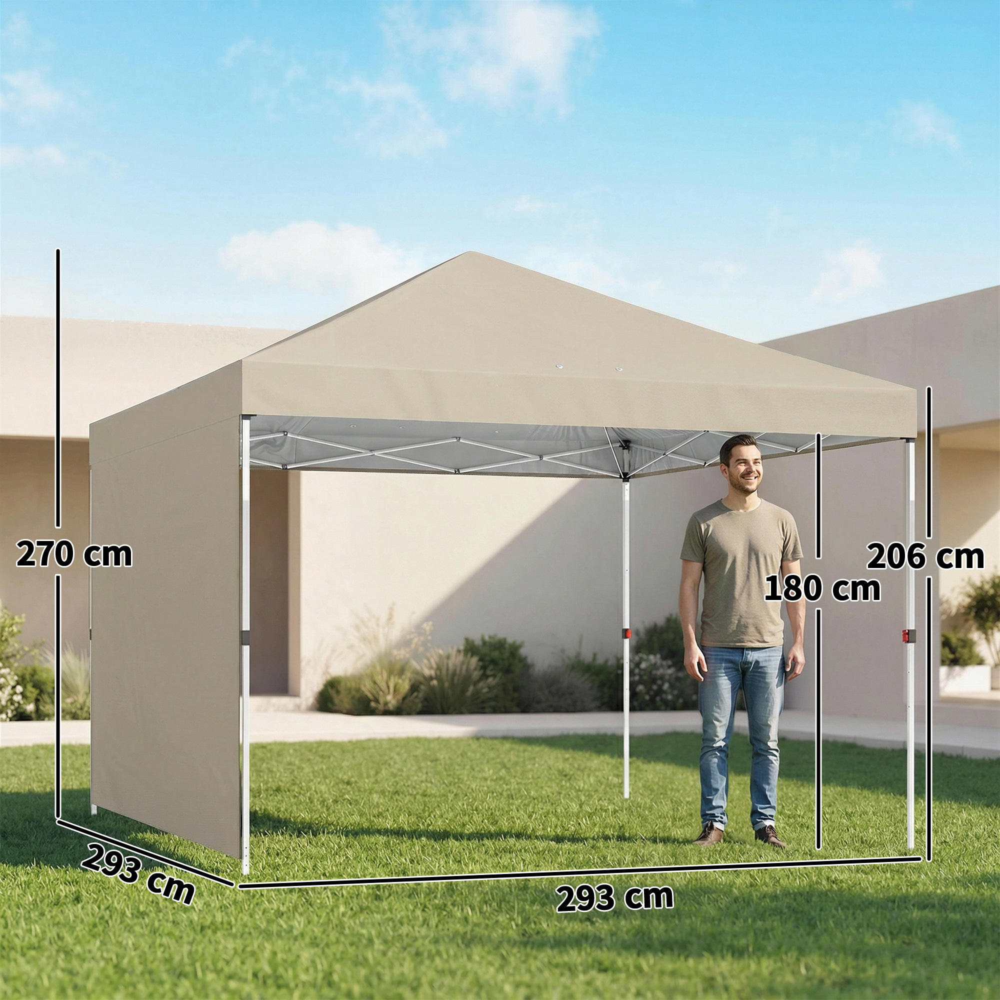 Pavilion pliabil  Pop-Up 3x3 m cu perete lateral, din metal si tesatura Oxford, bej [2]