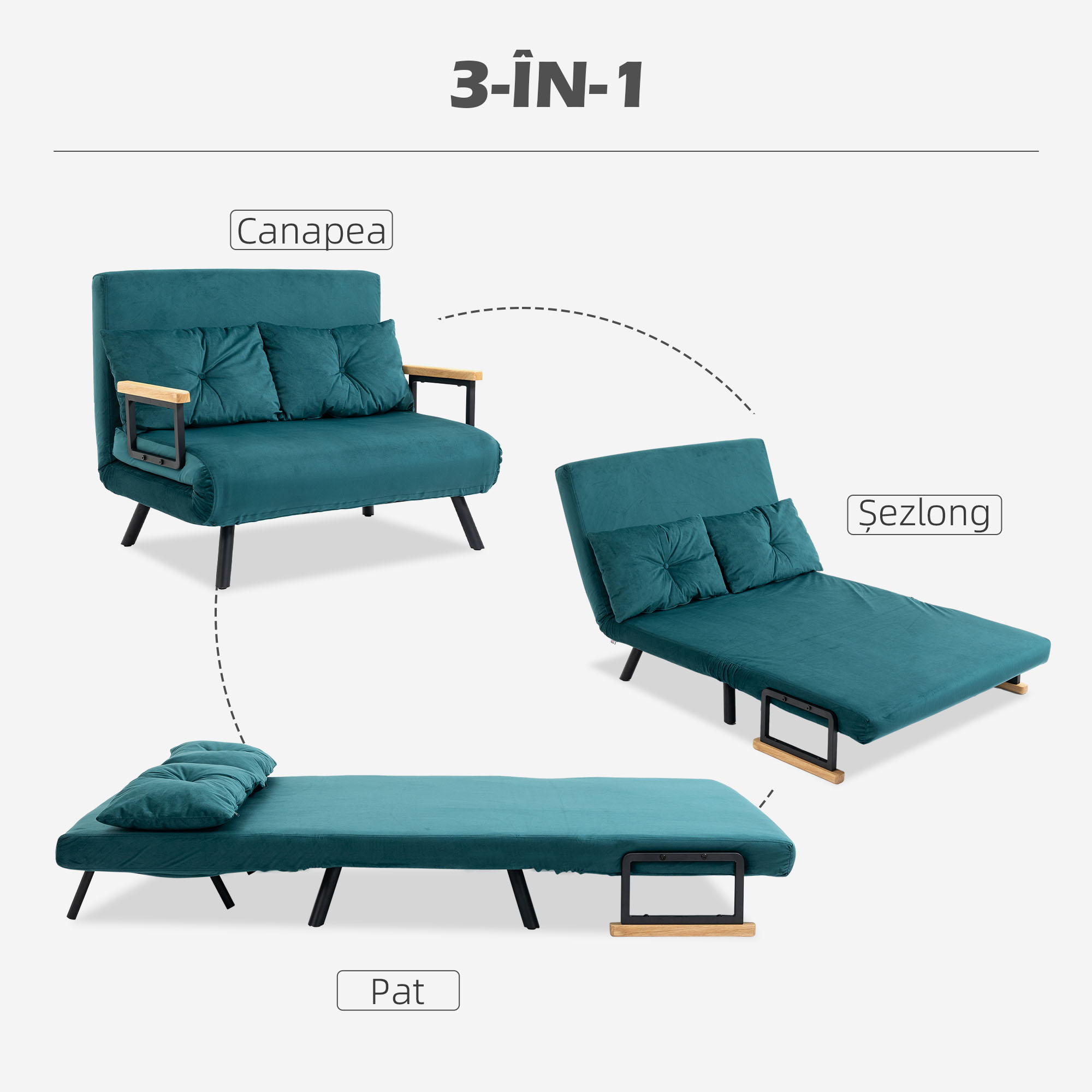  Canapea Pat Dublu 3 in 1 Catifelata cu Spatar Reglabil pe 5 Niveluri si Perne, Verde marin [3]