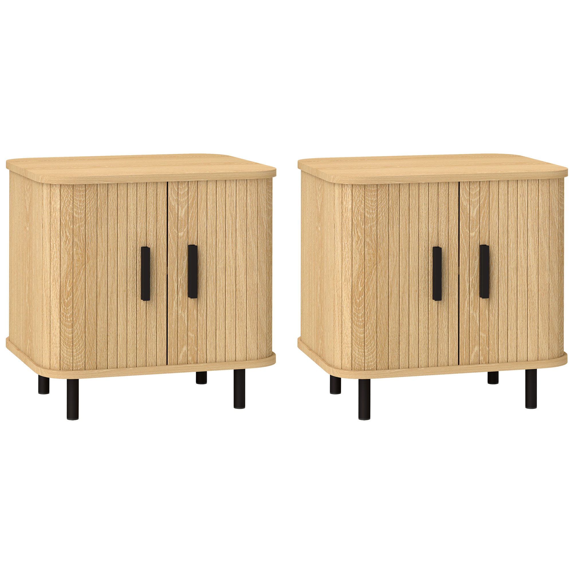 Dormitor & birou -  Set 2 Noptiere in stil Nordic cu Raft pe 2 Niveluri si Usa Culisanta pentru Dormitor, 48x40x48 cm, Lemn Natural