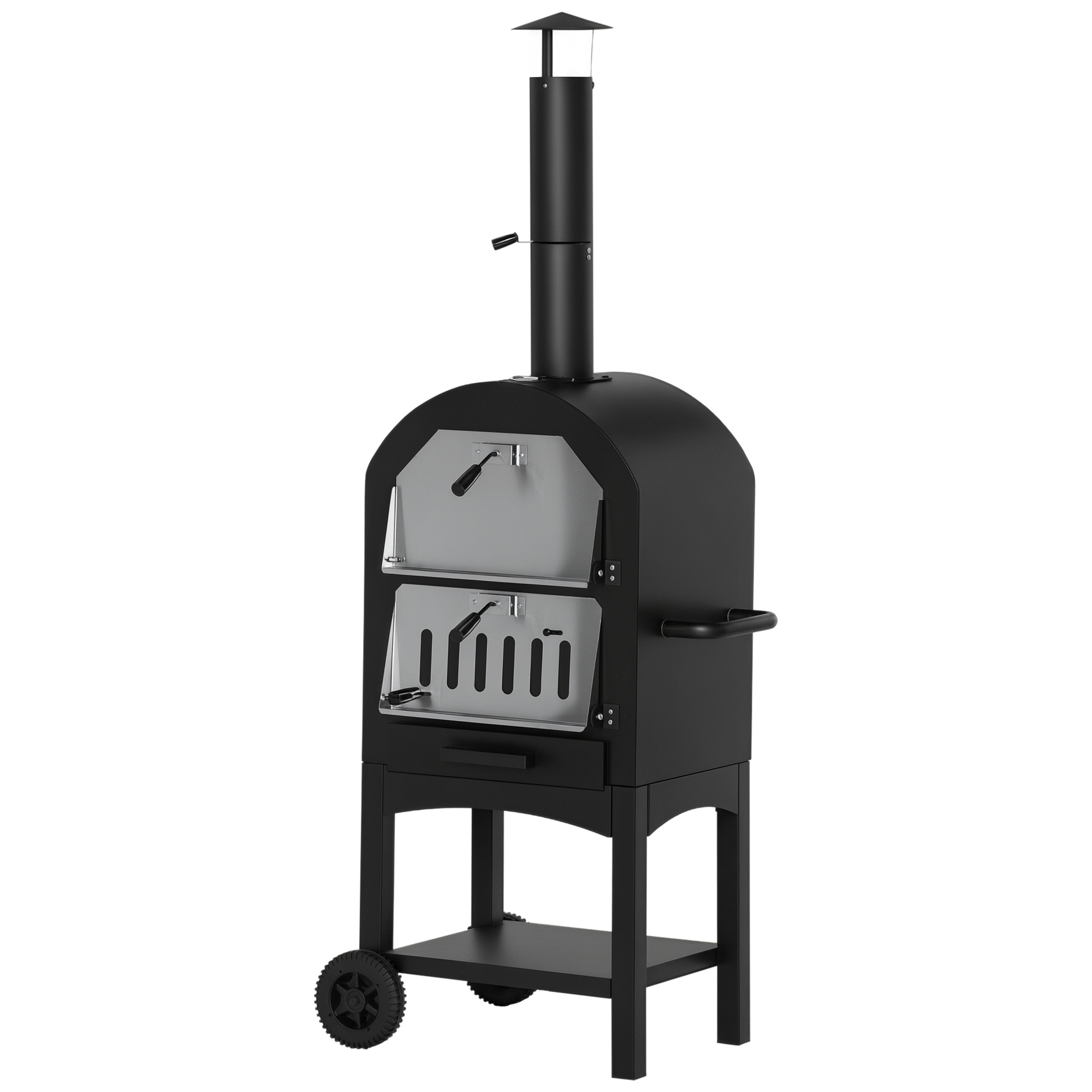 Gradina & balcon -  Cuptor Portabil cu Carbune pentru Pizza si Barbecue, Cuptor cu Lemne, Cos de Fum si Raft Inferior, 63x54x161 cm, Negru