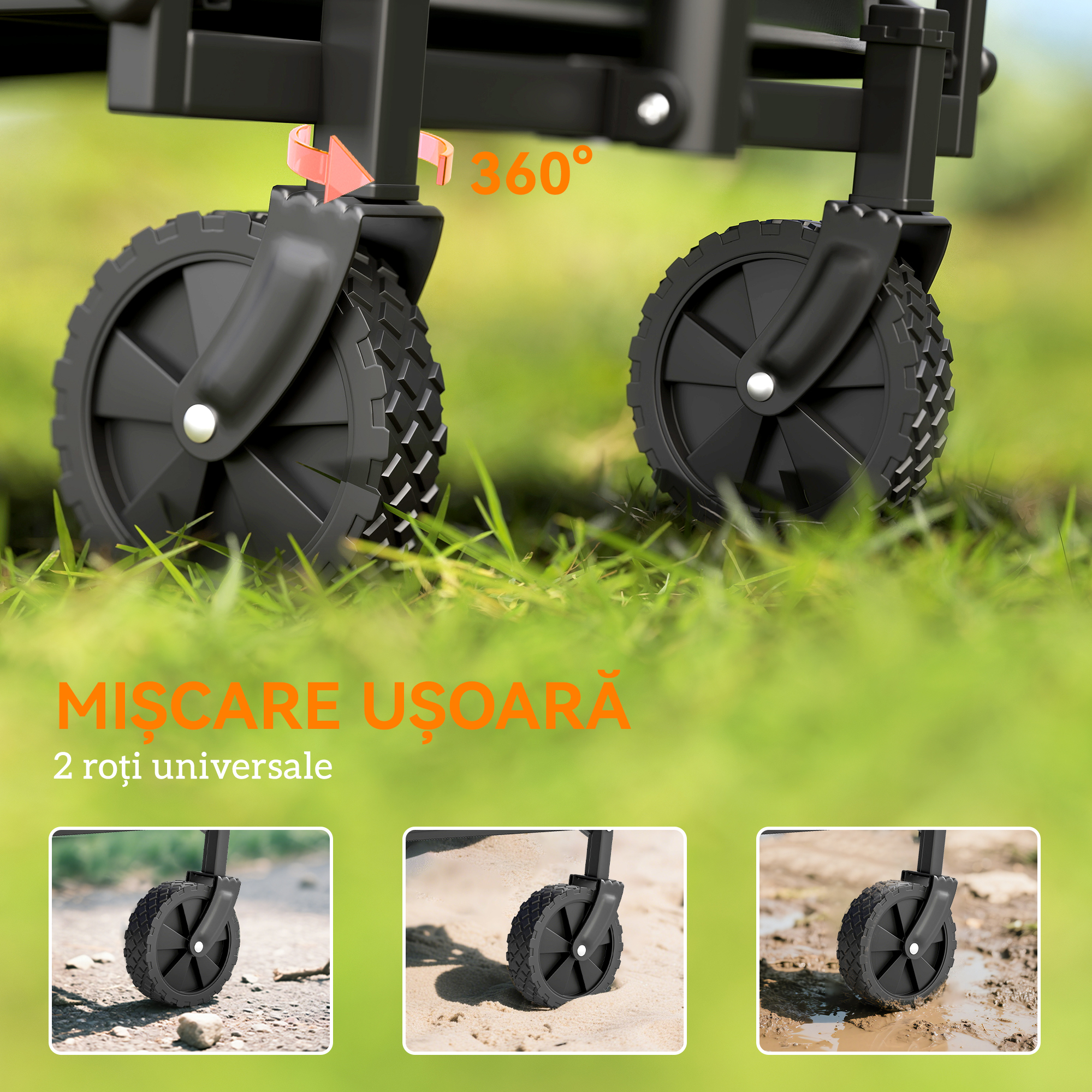  Carucior de Gradina Pliabil 41L cu 4 Roti, Trolley de Camping din Metal si Material Textil Oxford cu Geanta de Transport si Maner Reglabil, Negru [6]