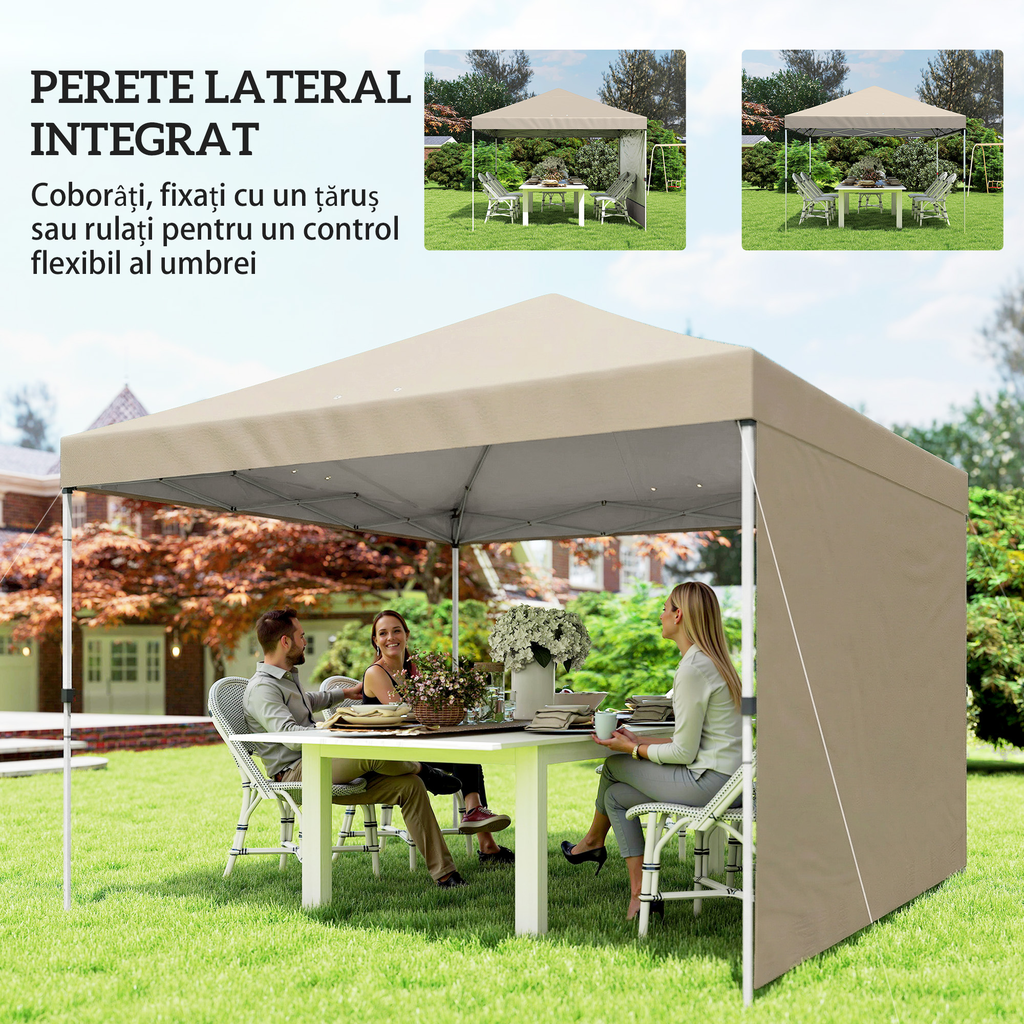 Pavilion pliabil  Pop-Up 3x3 m cu perete lateral, din metal si tesatura Oxford, bej [5]