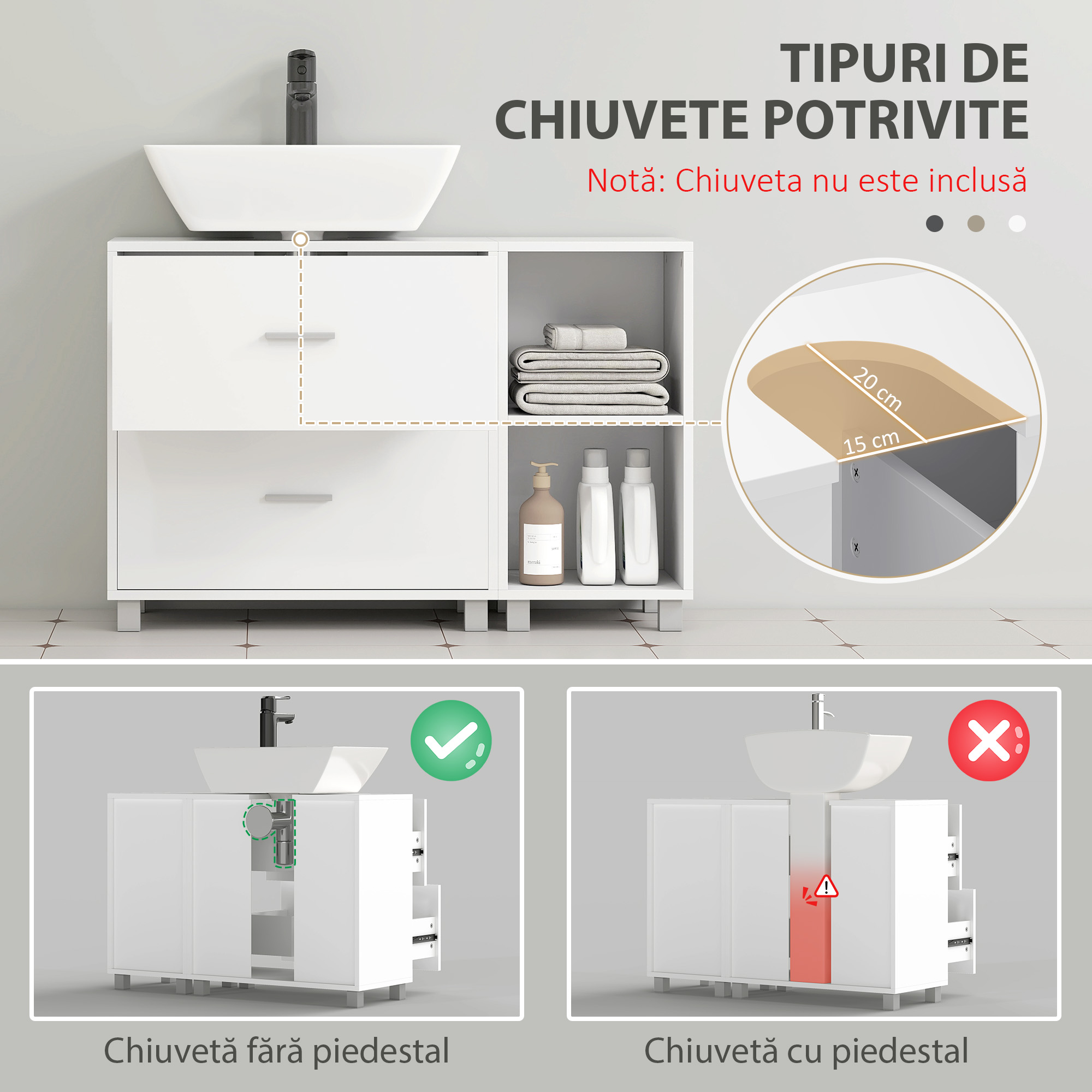  Dulap pentru baia de sub chiuveta, cu 2 sertare si rafturi deschise, din lemn, 90x30x60 cm, alb [3]