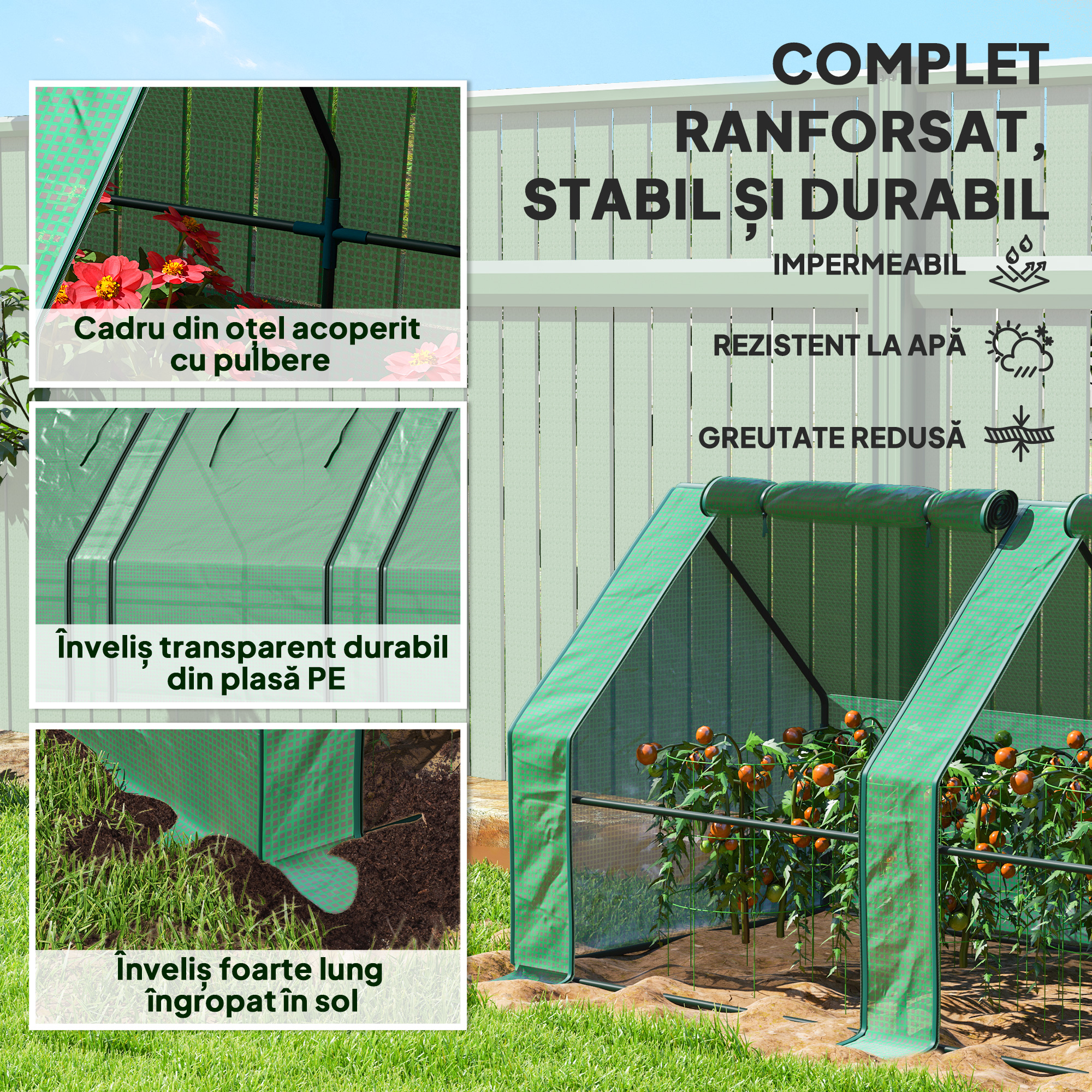  Mini Sera de Gradina cu 4 Usi Rulabile si Acoperire Extinsa, din Otel si PE, 360x90x90 cm, Verde [4]