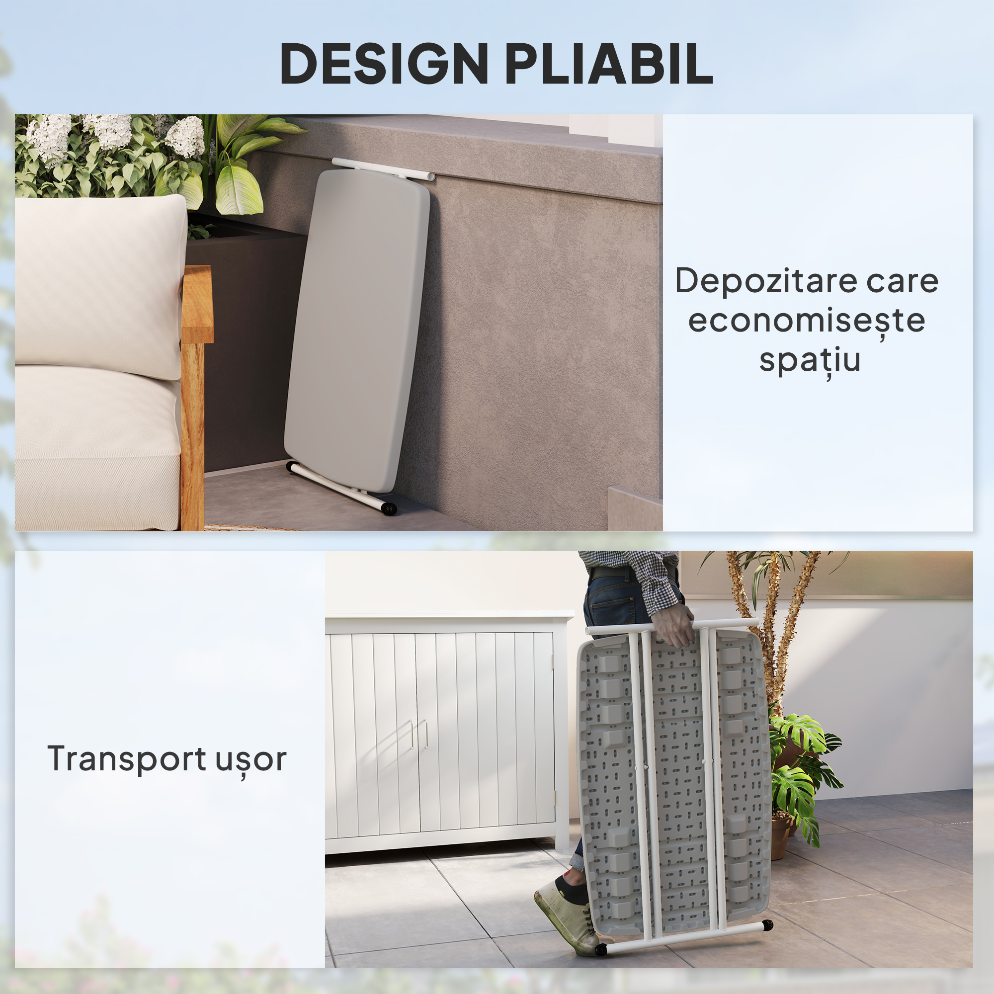  Masuta de Cafea Pliabila, Reglabila pe inaltime si Portabila, cu Blat HDPE si Cadru Metalic, 76x50x74 cm, Alb [3]