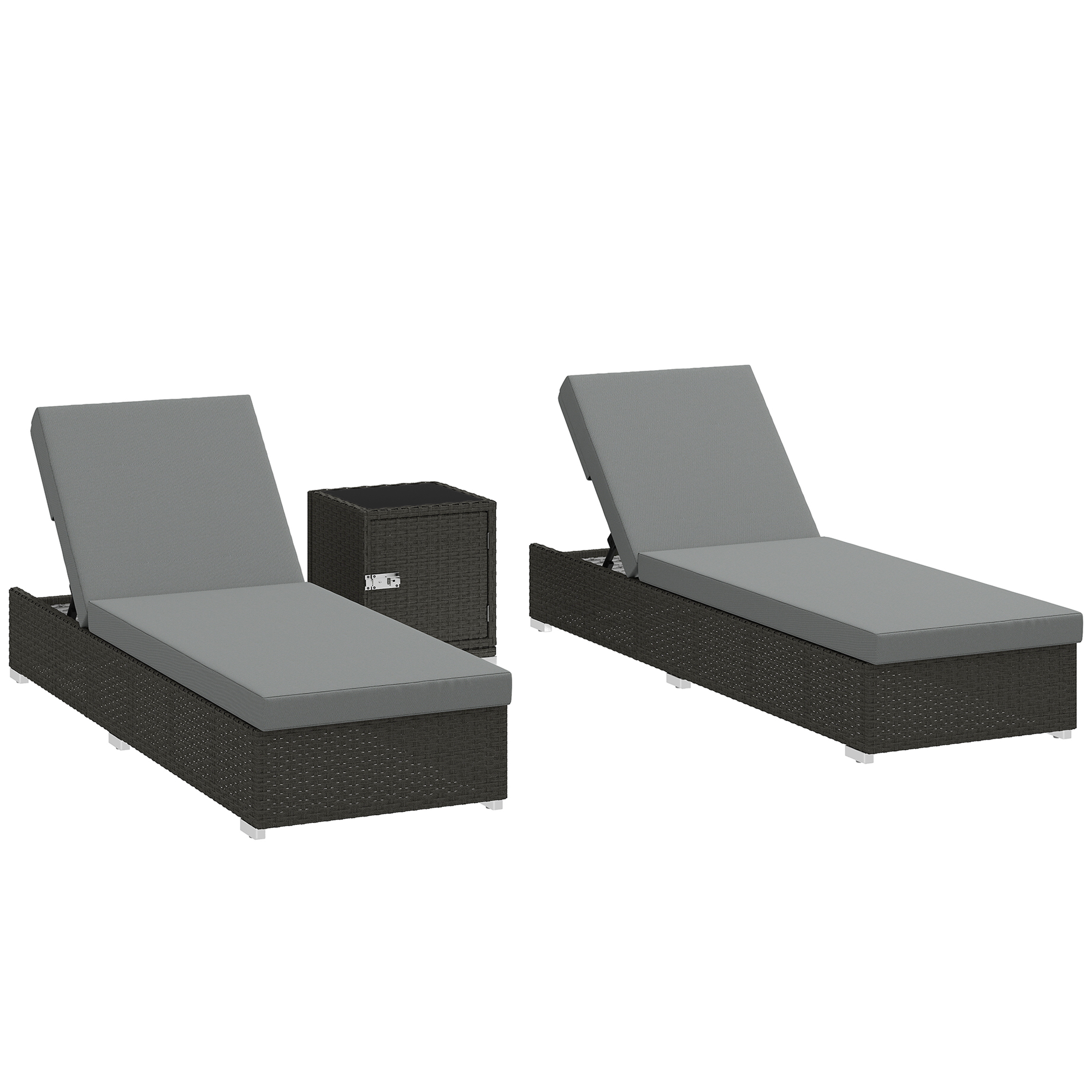 Gradina & balcon -  Set 2 sezlonguri de Gradina din Ratan cu Masuta Laterala si Spatar Reglabil, 184x60x22 cm, Gri inchis