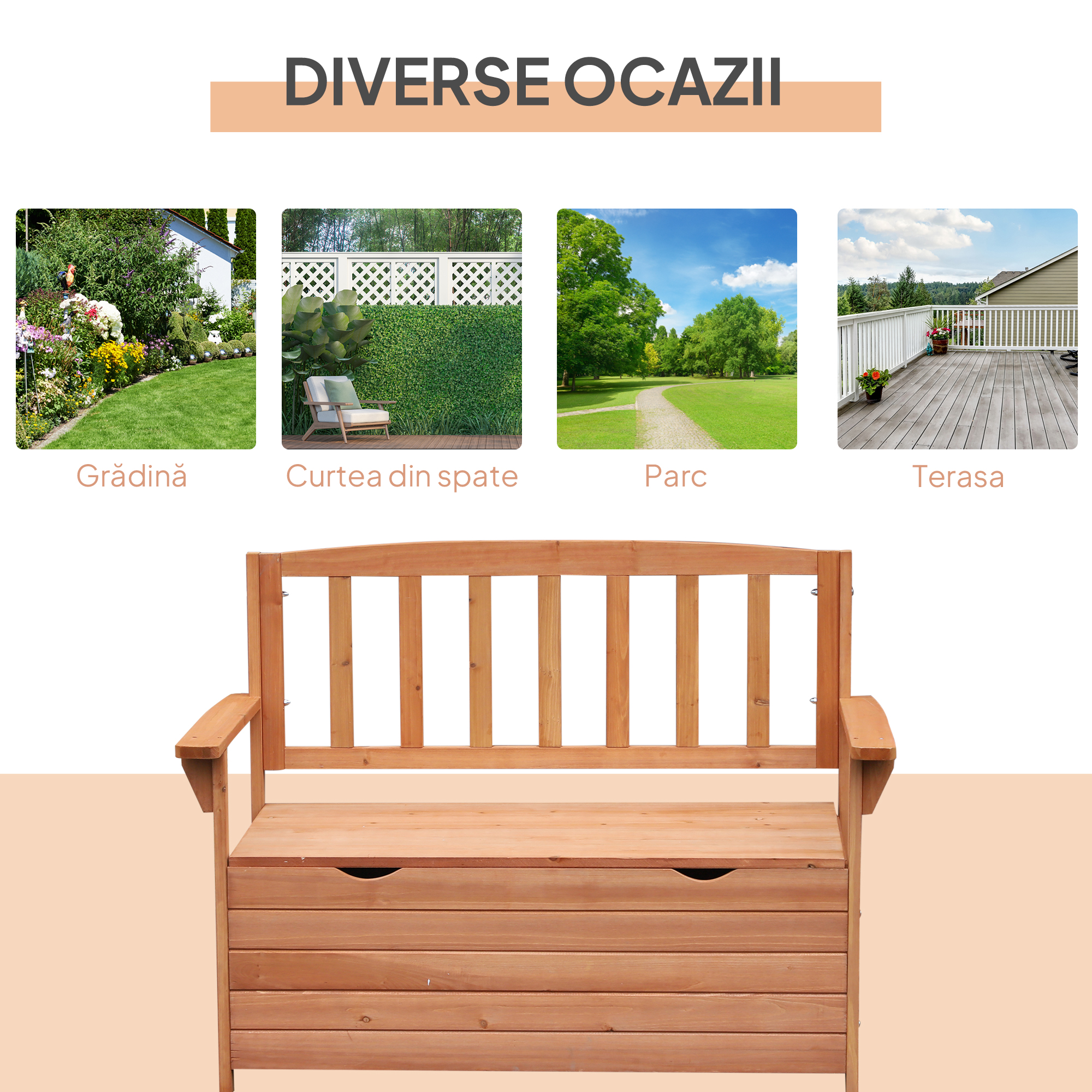  Bancuta de Gradina 2 Locuri cu Compartiment Recipient in Lemn, 112x58x84 cm [3]