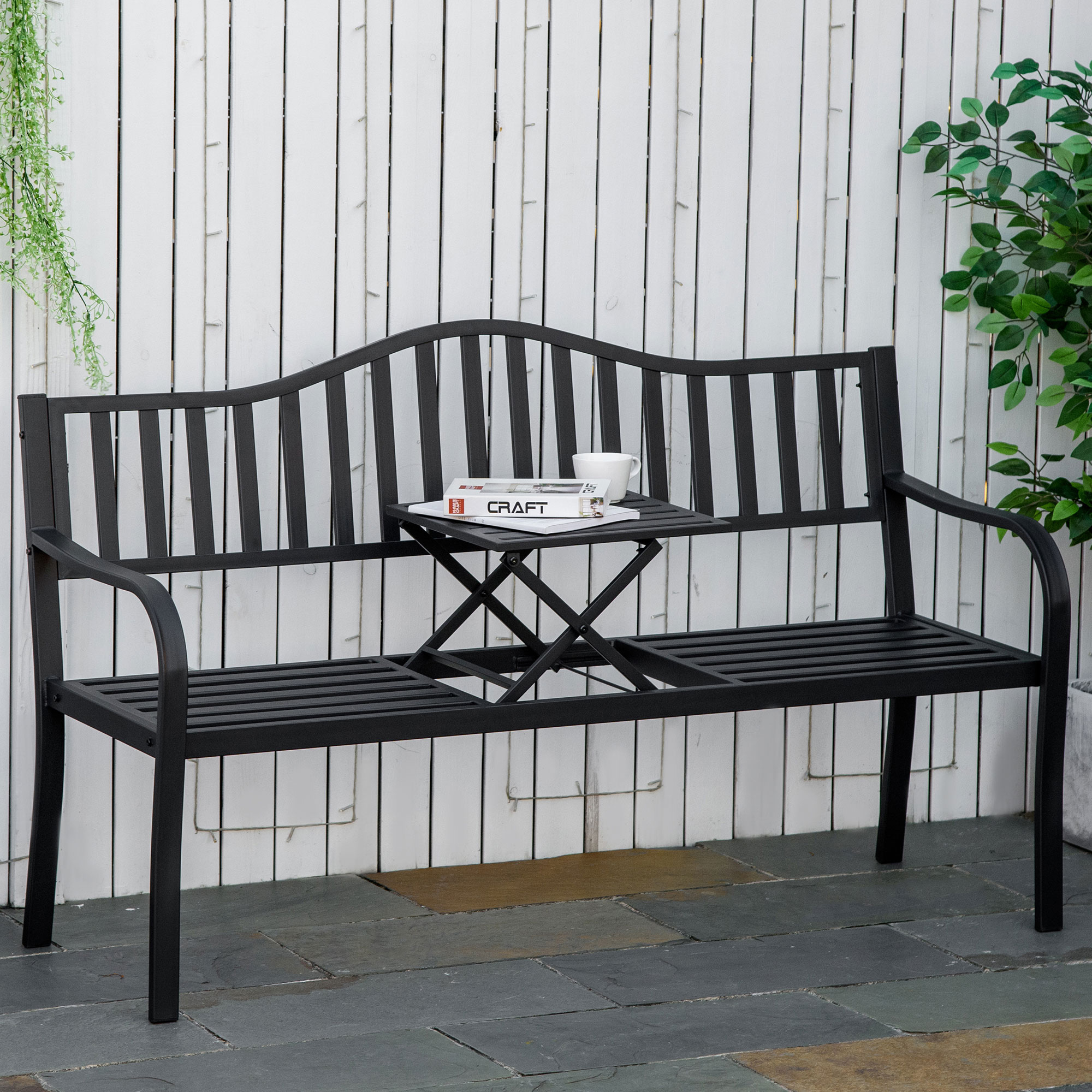  Banca de Gradina cu 2-3 Locuri din Metal, Banca de Exterior cu Masuta Extensibila, Spatar cu sipci si Cotiere, pentru Balcon, Terasa si Curte, 150x58.5x90 cm, Negru [1]