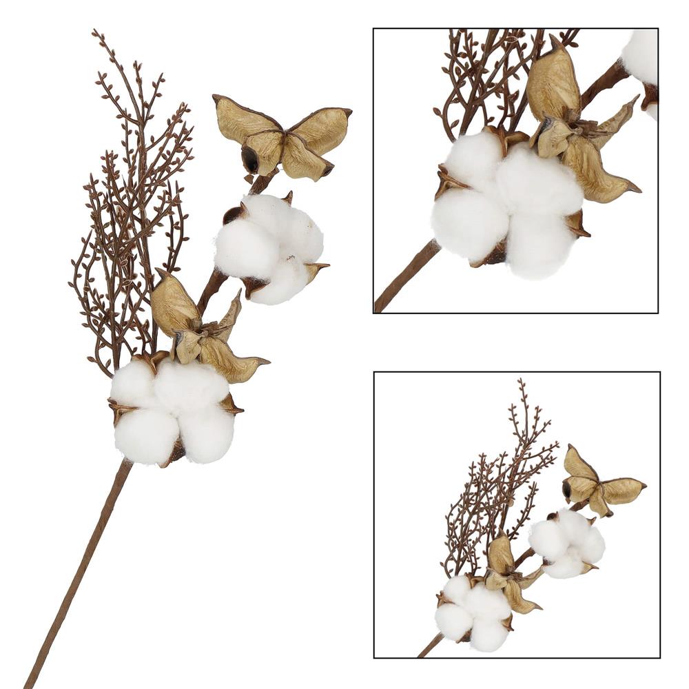 Ramura decorativa Craciun cu bumbac si plante uscate, 37 cm, alb/maro [9]