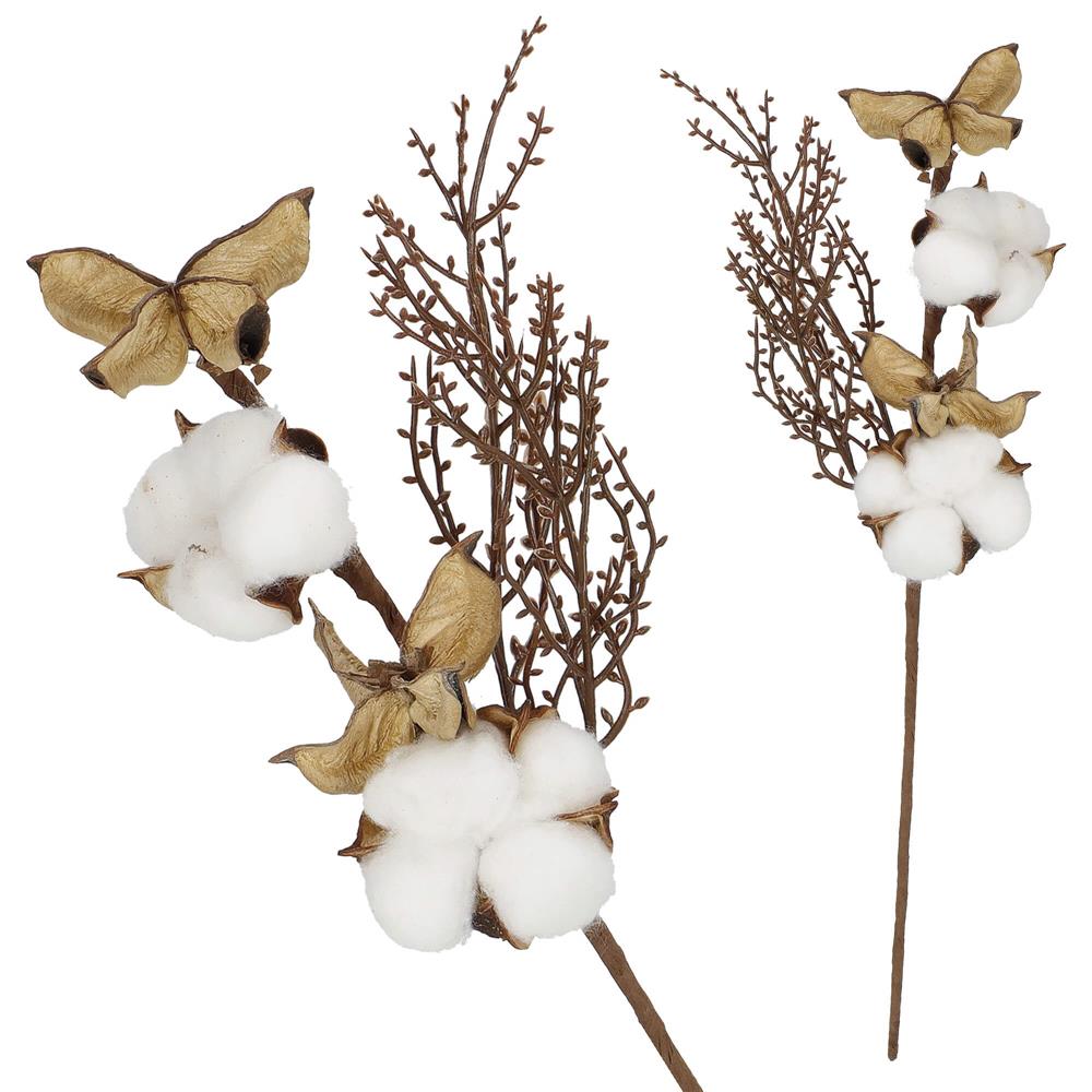 Ramura decorativa Craciun cu bumbac si plante uscate, 37 cm, alb/maro [2]