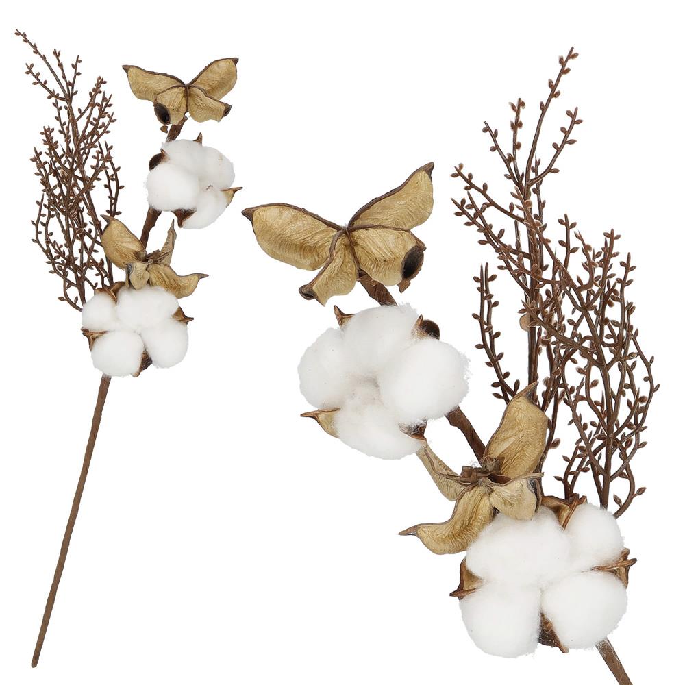 Ramura decorativa Craciun cu bumbac si plante uscate, 37 cm, alb/maro [3]