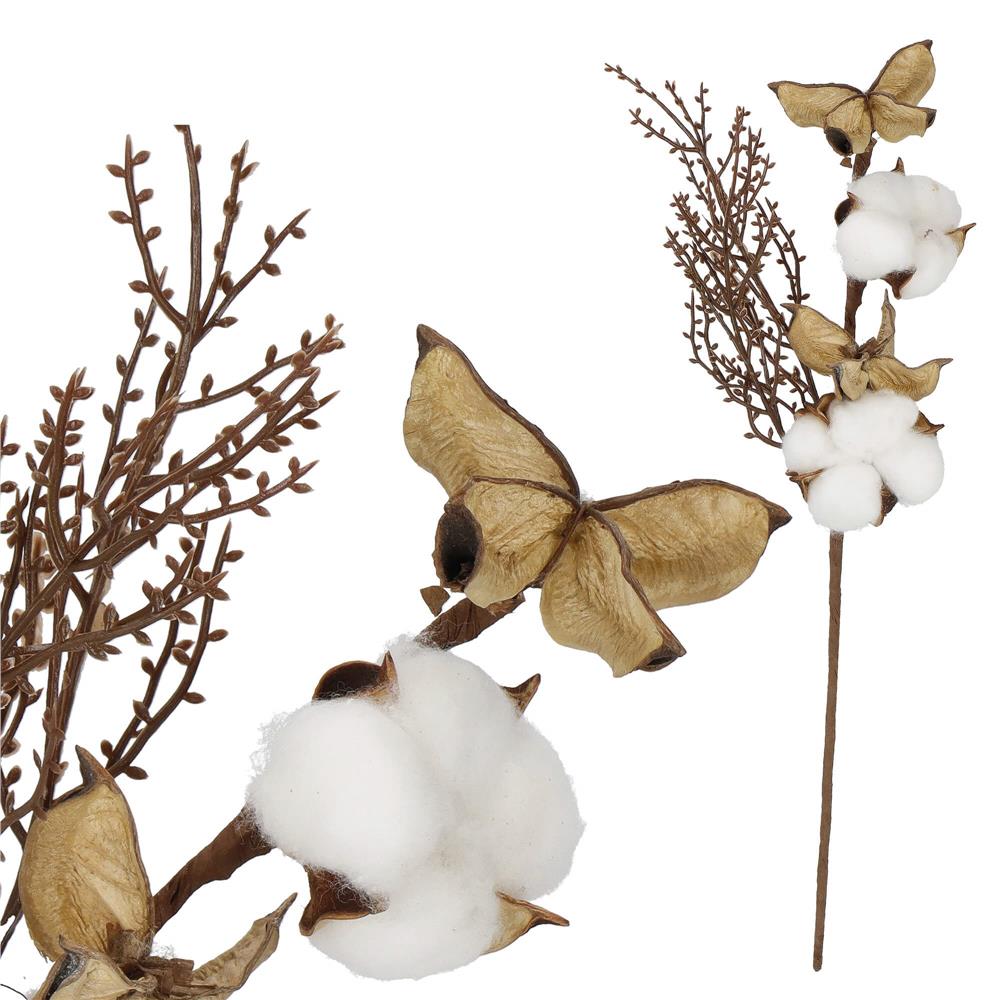 Ramura decorativa Craciun cu bumbac si plante uscate, 37 cm, alb/maro [5]