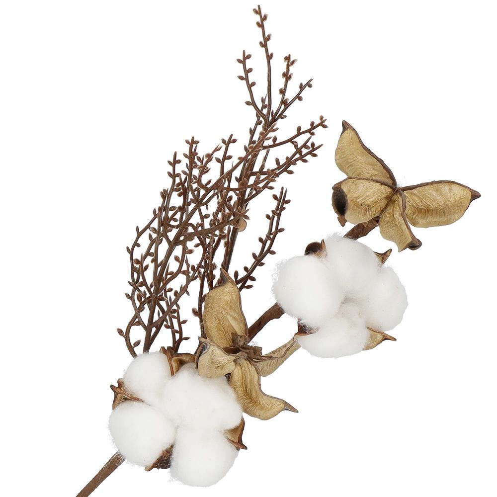 Ramura decorativa Craciun cu bumbac si plante uscate, 37 cm, alb/maro [6]