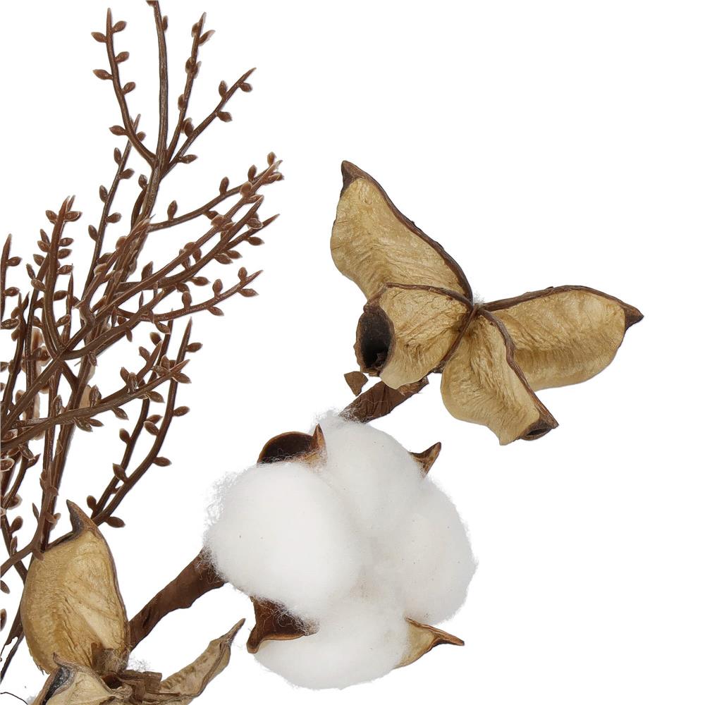 Ramura decorativa Craciun cu bumbac si plante uscate, 37 cm, alb/maro [7]