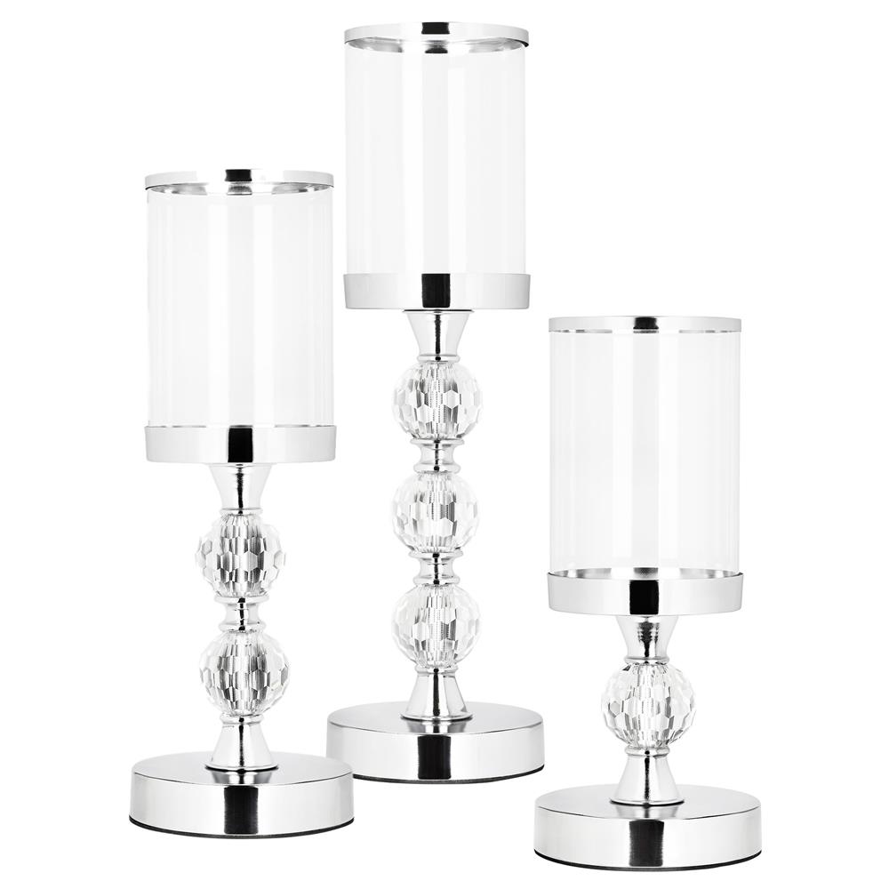 Decoratiuni si figurine - Set 3 sfesnice metalice cu glob cristal si abajur sticla, 28-41 cm, argintiu