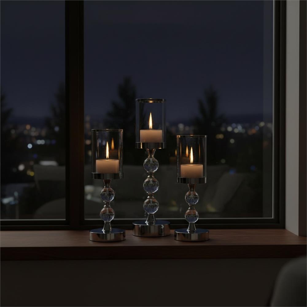 Set 3 sfesnice metalice cu glob cristal si abajur sticla, 28-41 cm, argintiu [11]