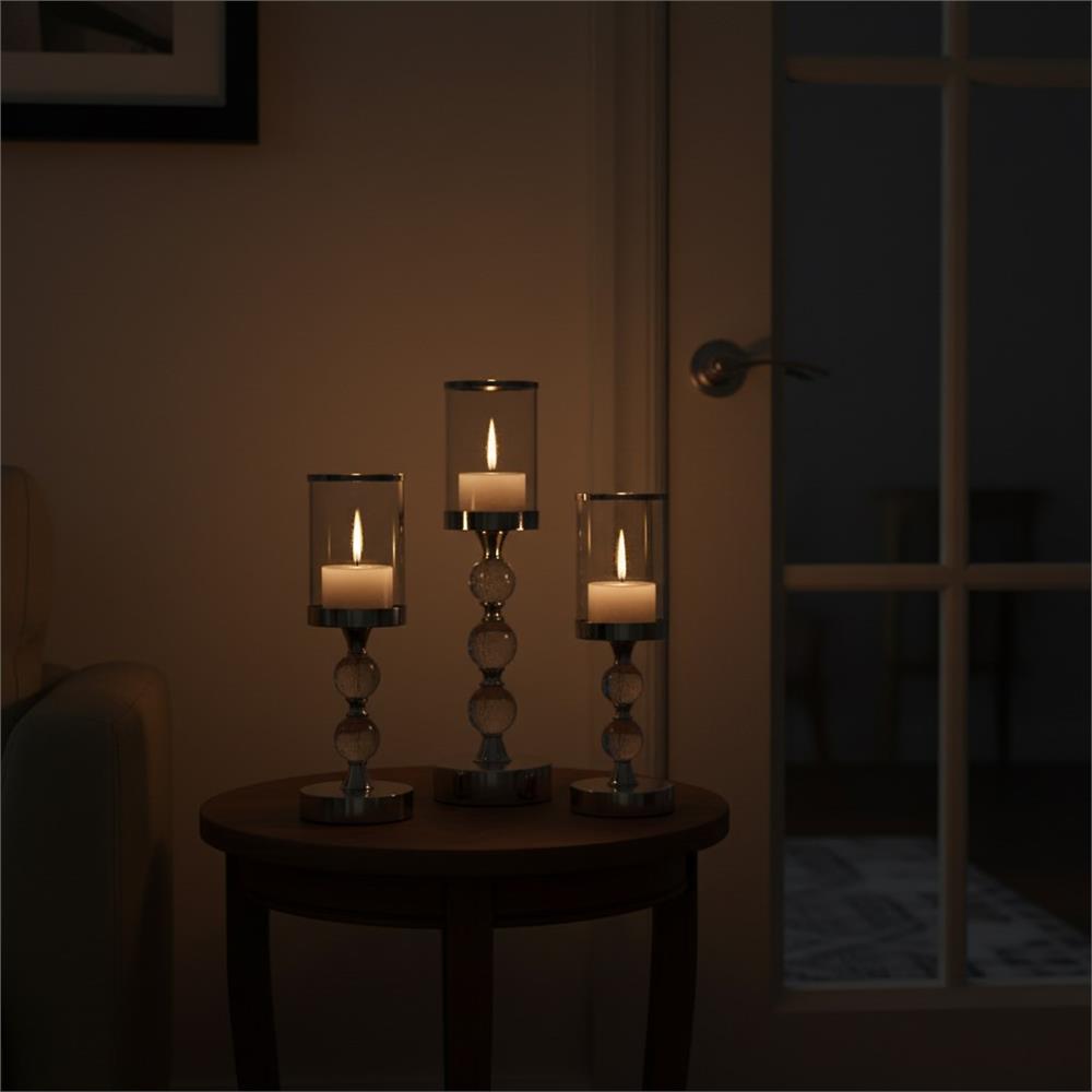 Set 3 sfesnice metalice cu glob cristal si abajur sticla, 28-41 cm, argintiu [10]