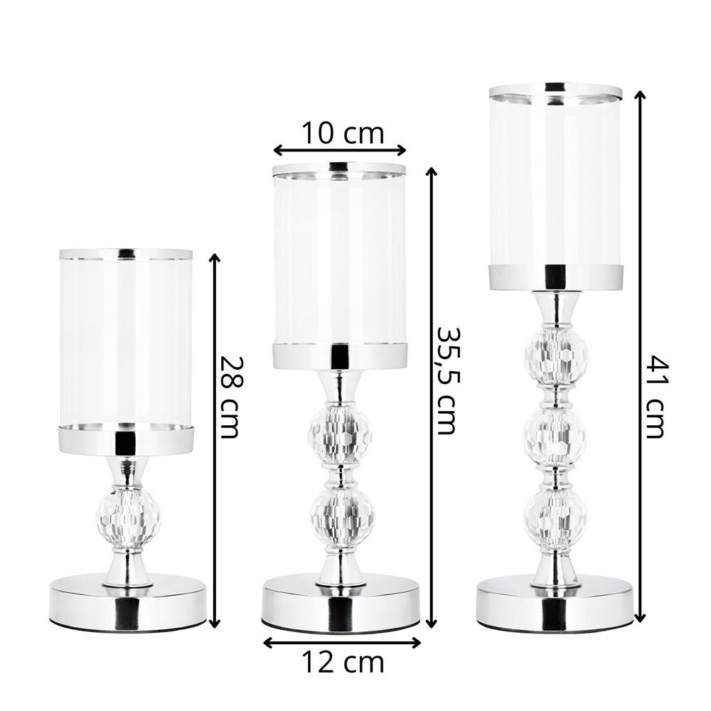 Set 3 sfesnice metalice cu glob cristal si abajur sticla, 28-41 cm, argintiu [7]