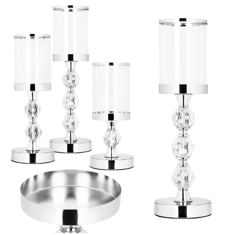 Set 3 sfesnice metalice cu glob cristal si abajur sticla, 28-41 cm, argintiu [2]