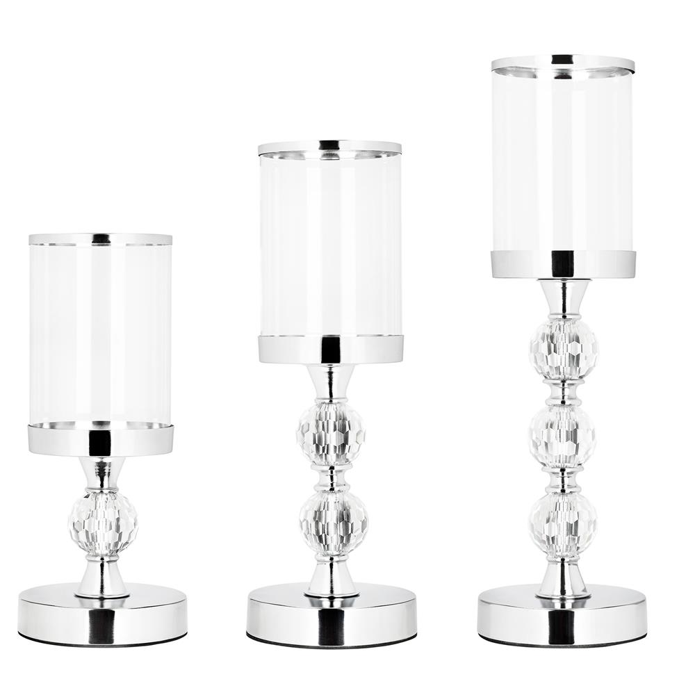 Set 3 sfesnice metalice cu glob cristal si abajur sticla, 28-41 cm, argintiu [3]