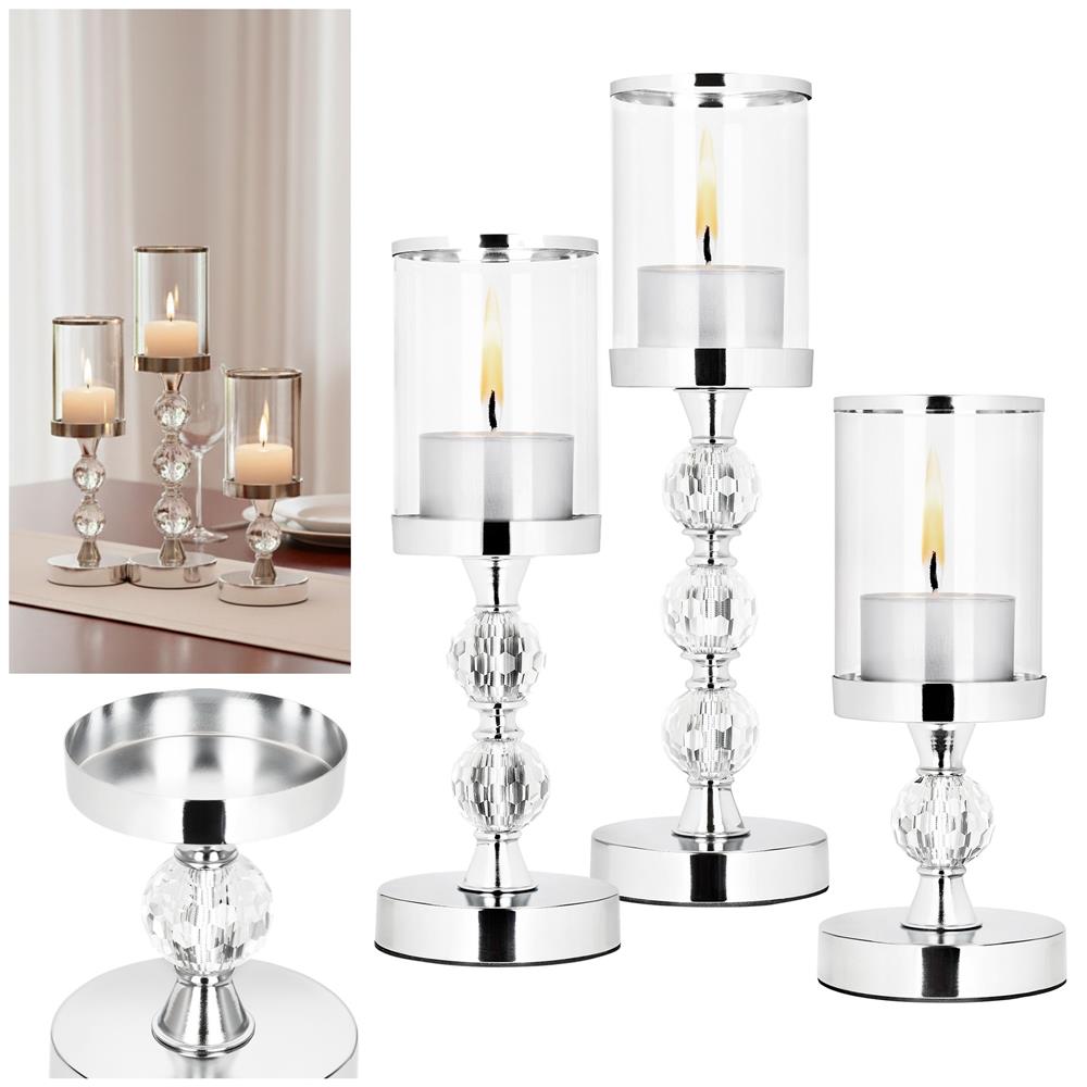 Set 3 sfesnice metalice cu glob cristal si abajur sticla, 28-41 cm, argintiu [4]