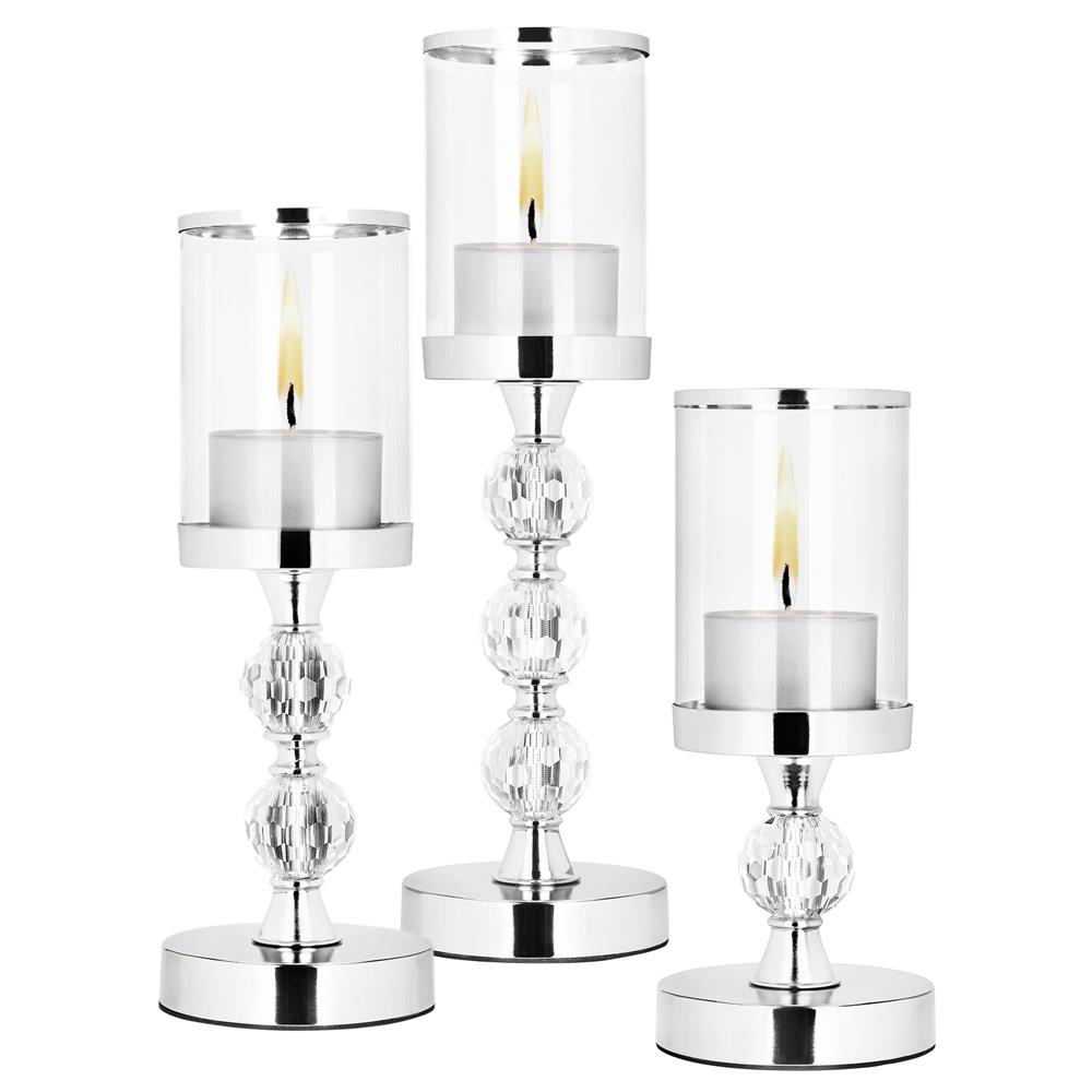Set 3 sfesnice metalice cu glob cristal si abajur sticla, 28-41 cm, argintiu [5]