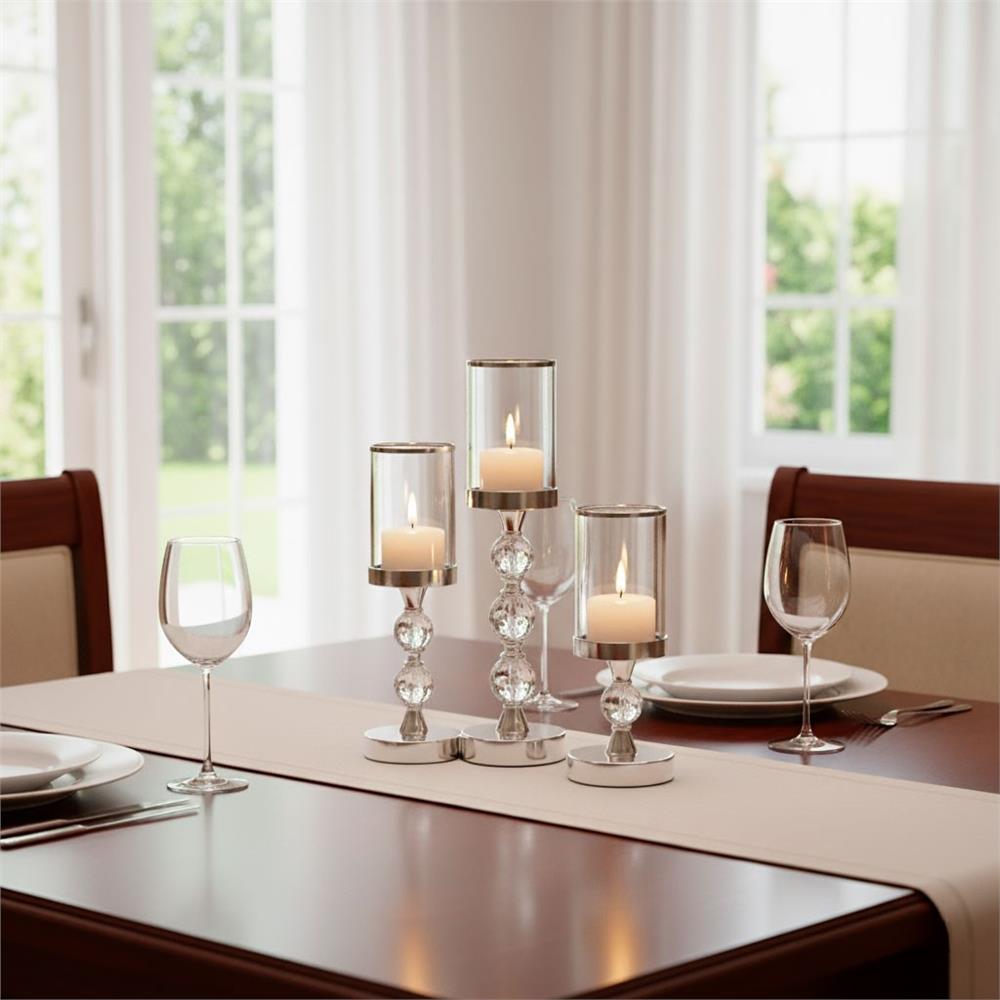 Set 3 sfesnice metalice cu glob cristal si abajur sticla, 28-41 cm, argintiu [13]