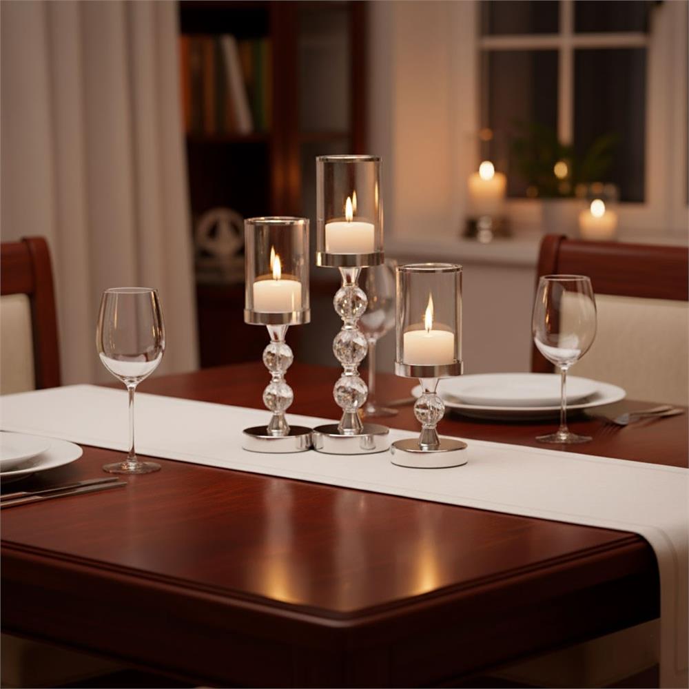 Set 3 sfesnice metalice cu glob cristal si abajur sticla, 28-41 cm, argintiu [12]