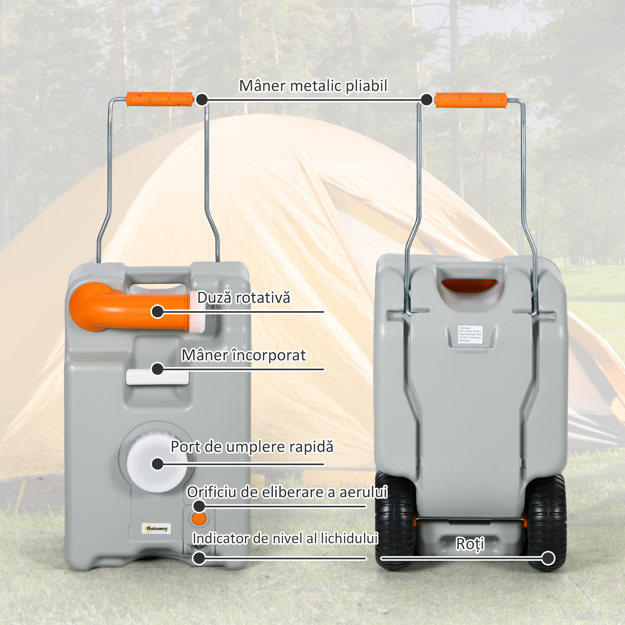  Rezervor pentru Apa de Camping 22L cu Roti si Maner si Duza Rotativa, Gri [3]