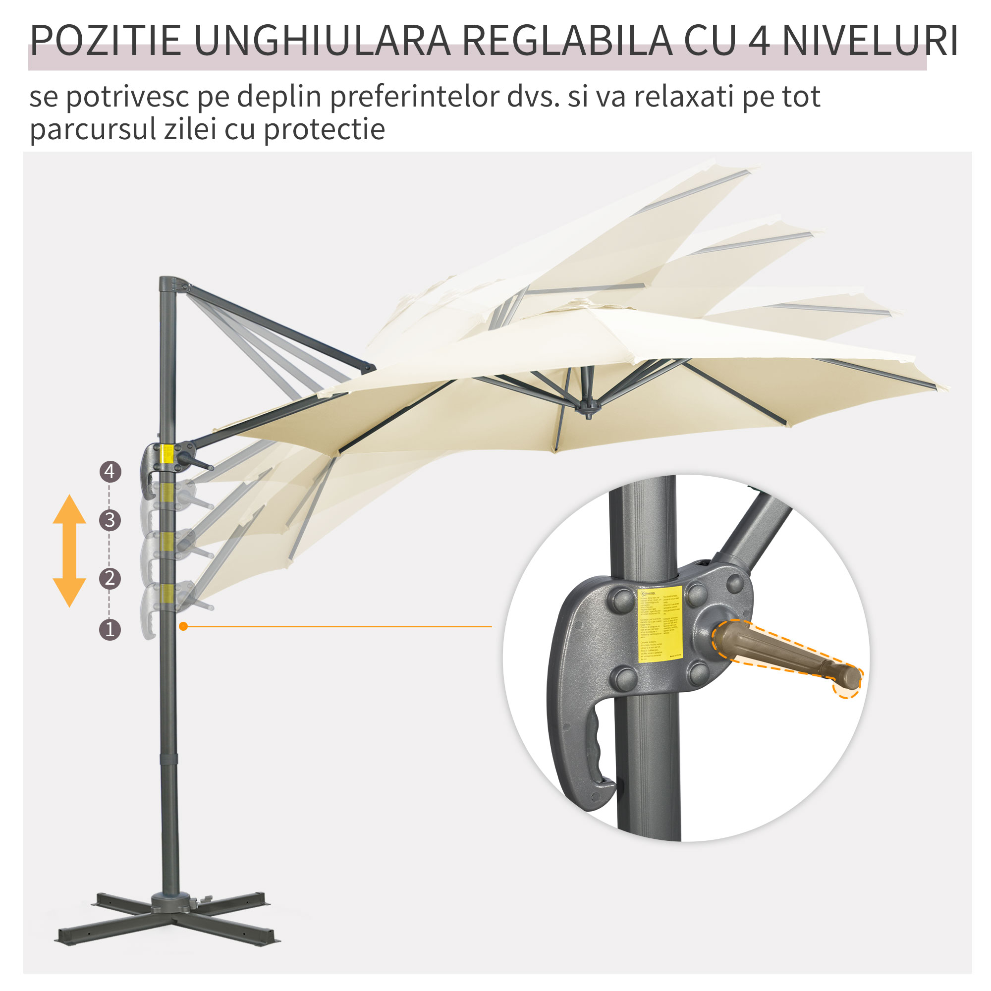  Umbrela de Soare pentru Gradina Descentrata cu Inclinare Reglabila si Pivotanta la 360°, Ø293x248cm Alb Crem [4]