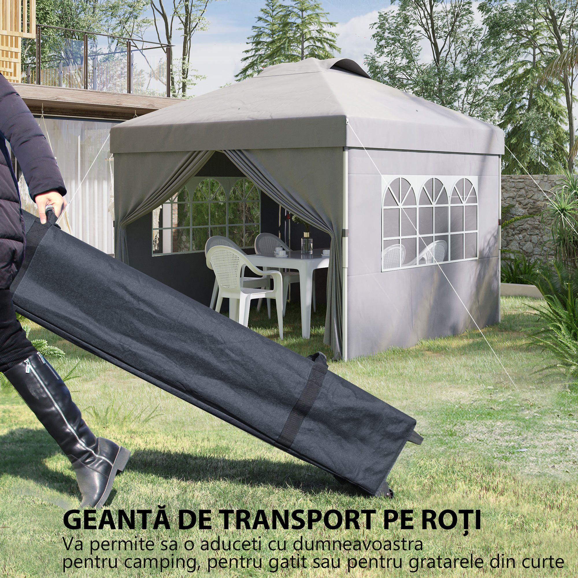  Pavilion Pliabil cu inaltime Reglabila, Usa, 2 Ferestre si Geanta de Transport, 297x297x284 cm, Gri Deschis [6]