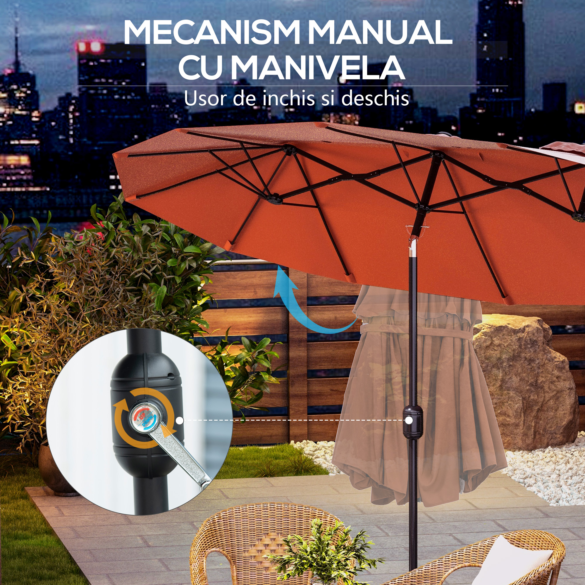  Umbrela de soare de gradina basculabila dubla cu deschidere cu manivela, copertina cu orificii de ventilatie si 12 nervuri, 295x152x222cm, rosu [5]