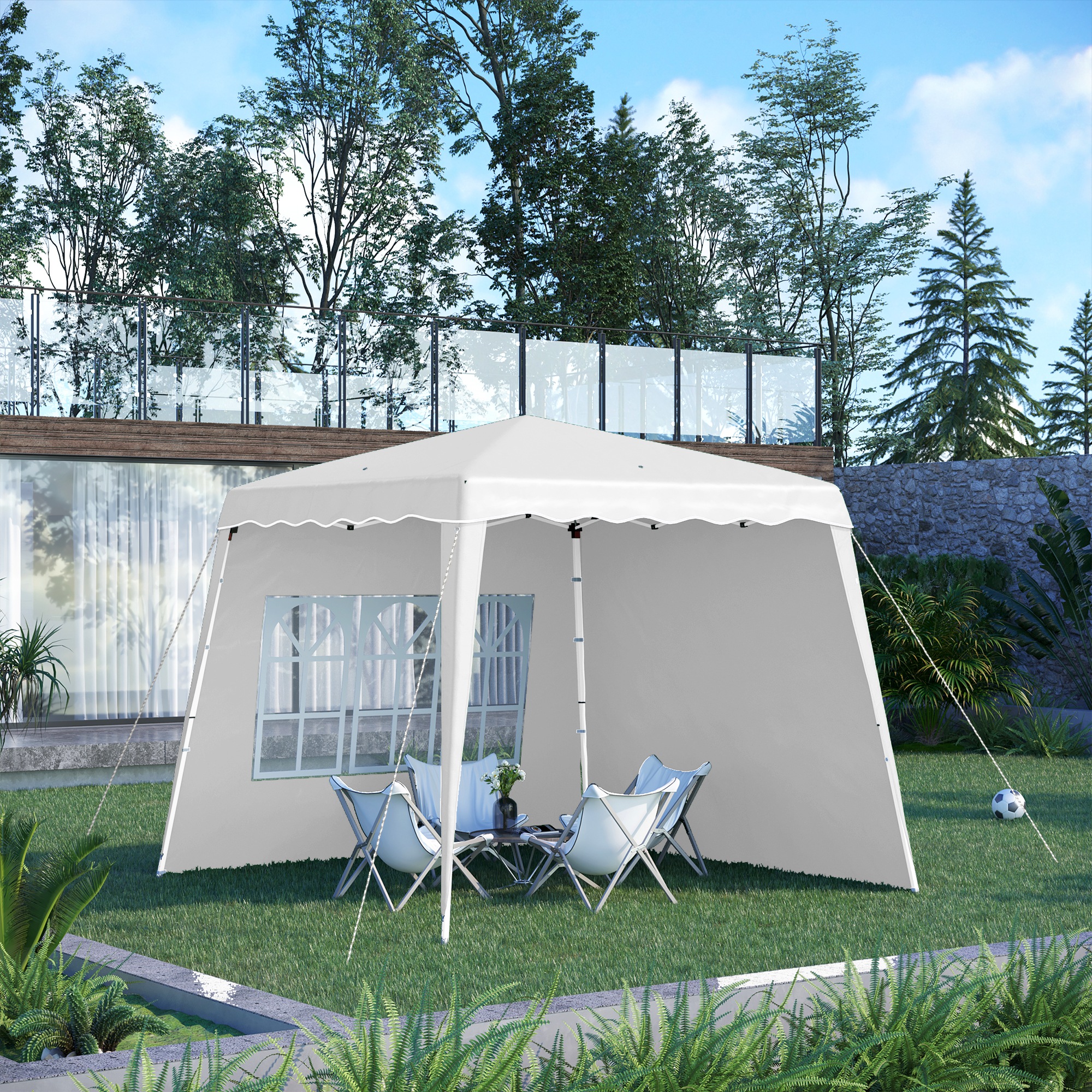  Pavilion pliabil cu 2 laterale, Stalpi oblici si geanta de transport, cort de evenimente inaltime reglabila UV50+, cort de gradina, curte, acoperis 2,4 x 2,4 m / baza 2,9 x 2,9 m, alb [8]
