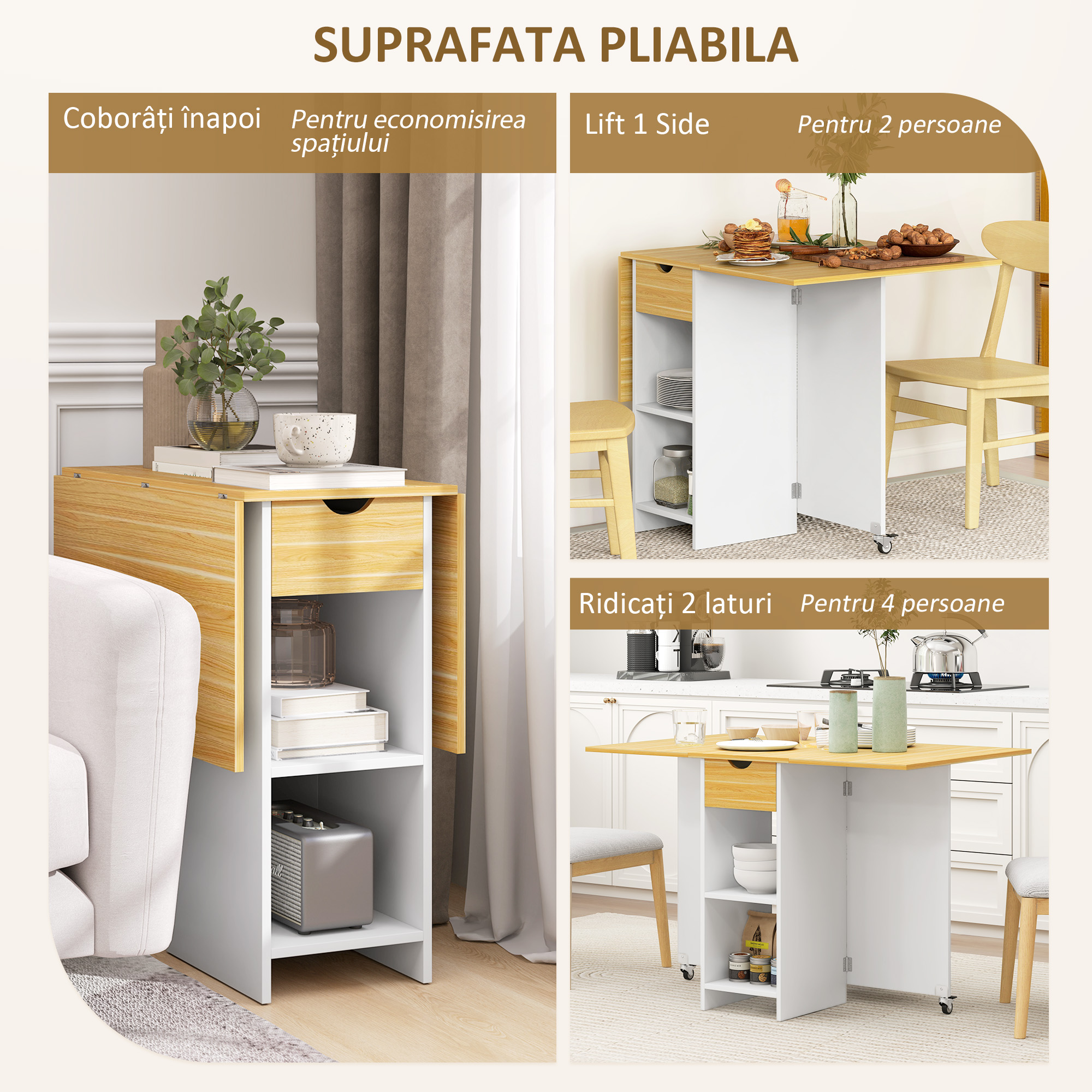  Masa de dining pliabila pentru 2-4 persoane cu 2 extensii, sertar si rafturi, stejar [3]
