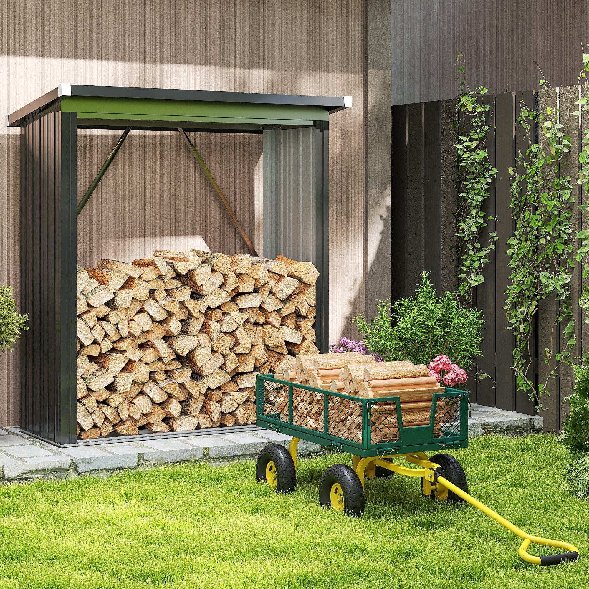  Carucior pentru Gradina din Otel, cu Capacitate de 200 kg si Pereti Laterali Detasabili, 104x54x51 cm, Verde si Galben [7]
