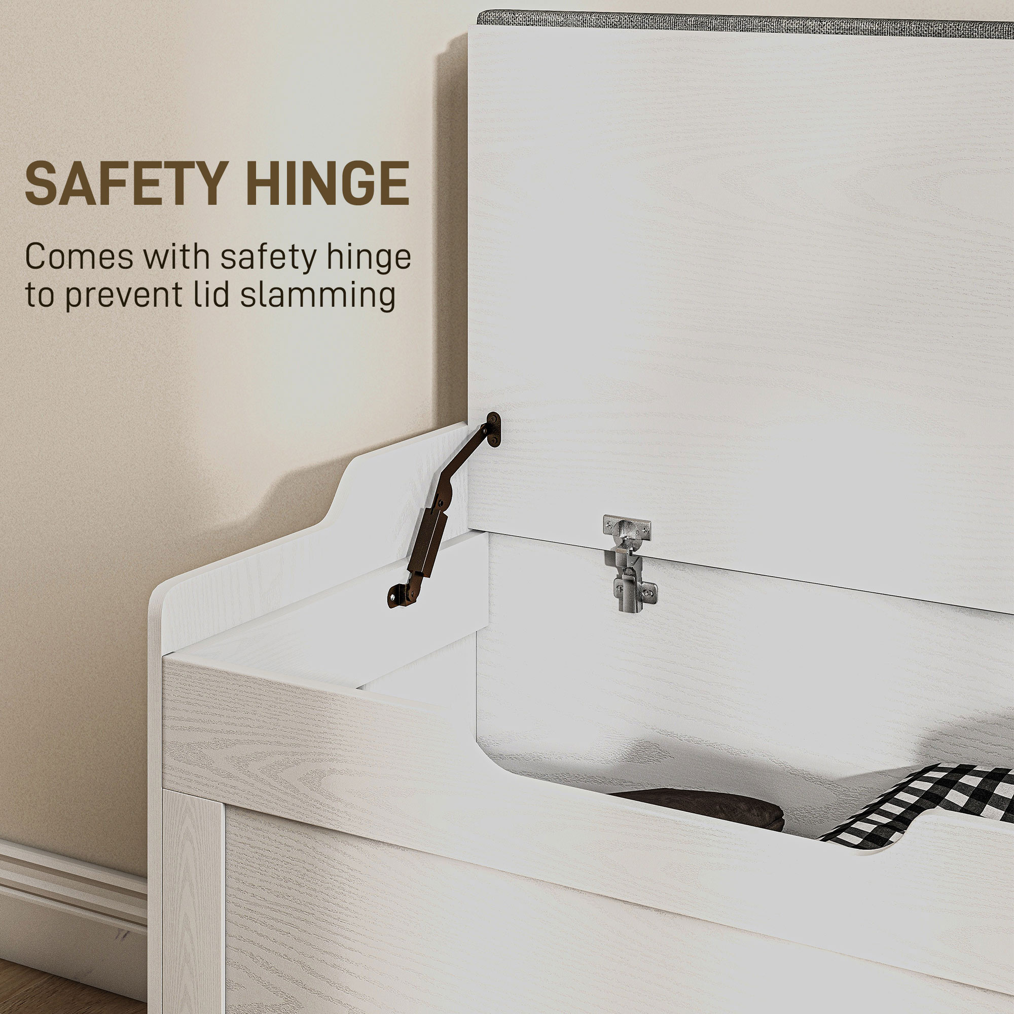  Banca de Depozitare cu Perna din Material Textil, Banca Multifunctionala cu Balama de Siguranta, 75x40x56 cm, Alb [5]