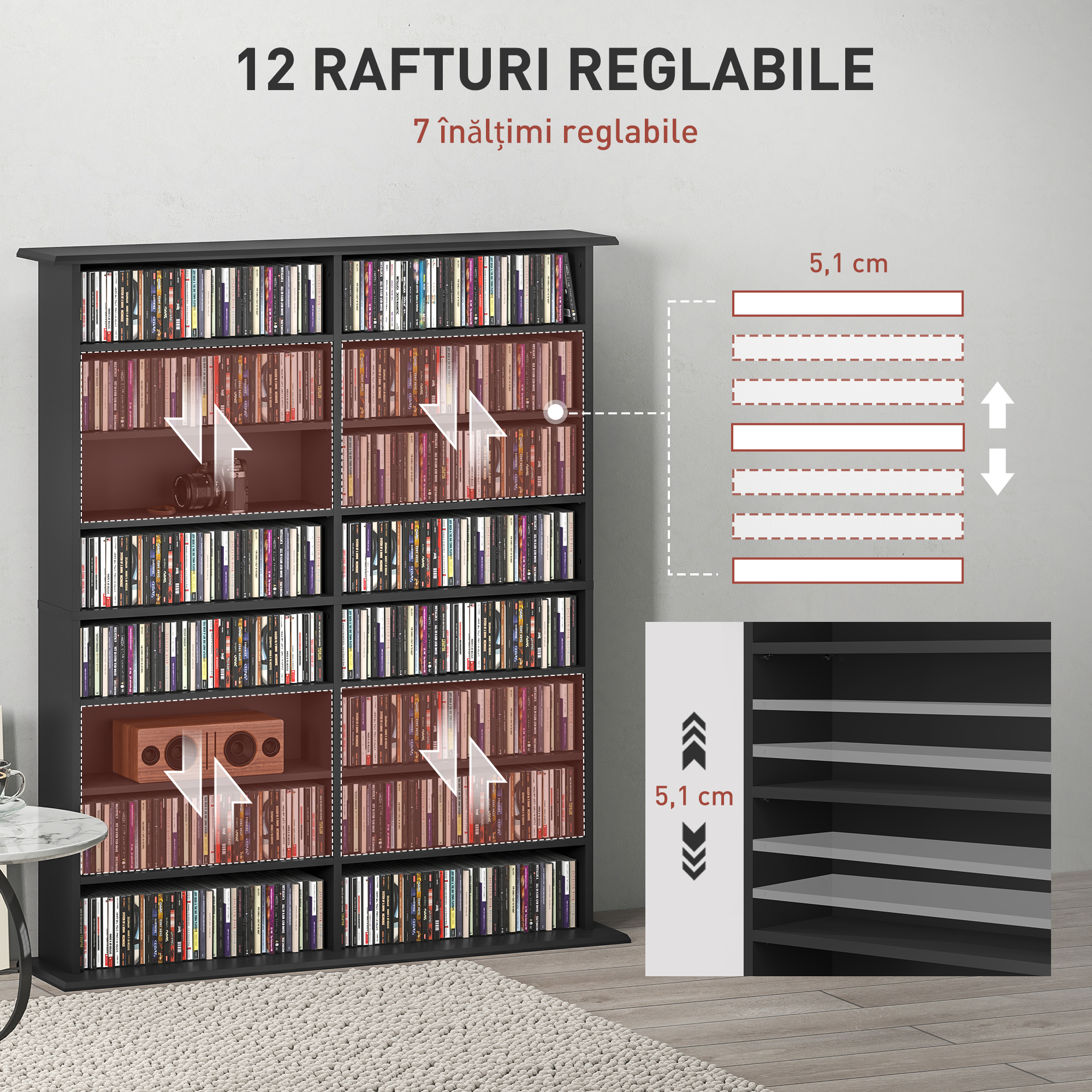  Mobilier Biblioteca cu 16 Rafturi pentru 720 CD-uri din Lemn 106.5x24x126.3 cm Negru [4]