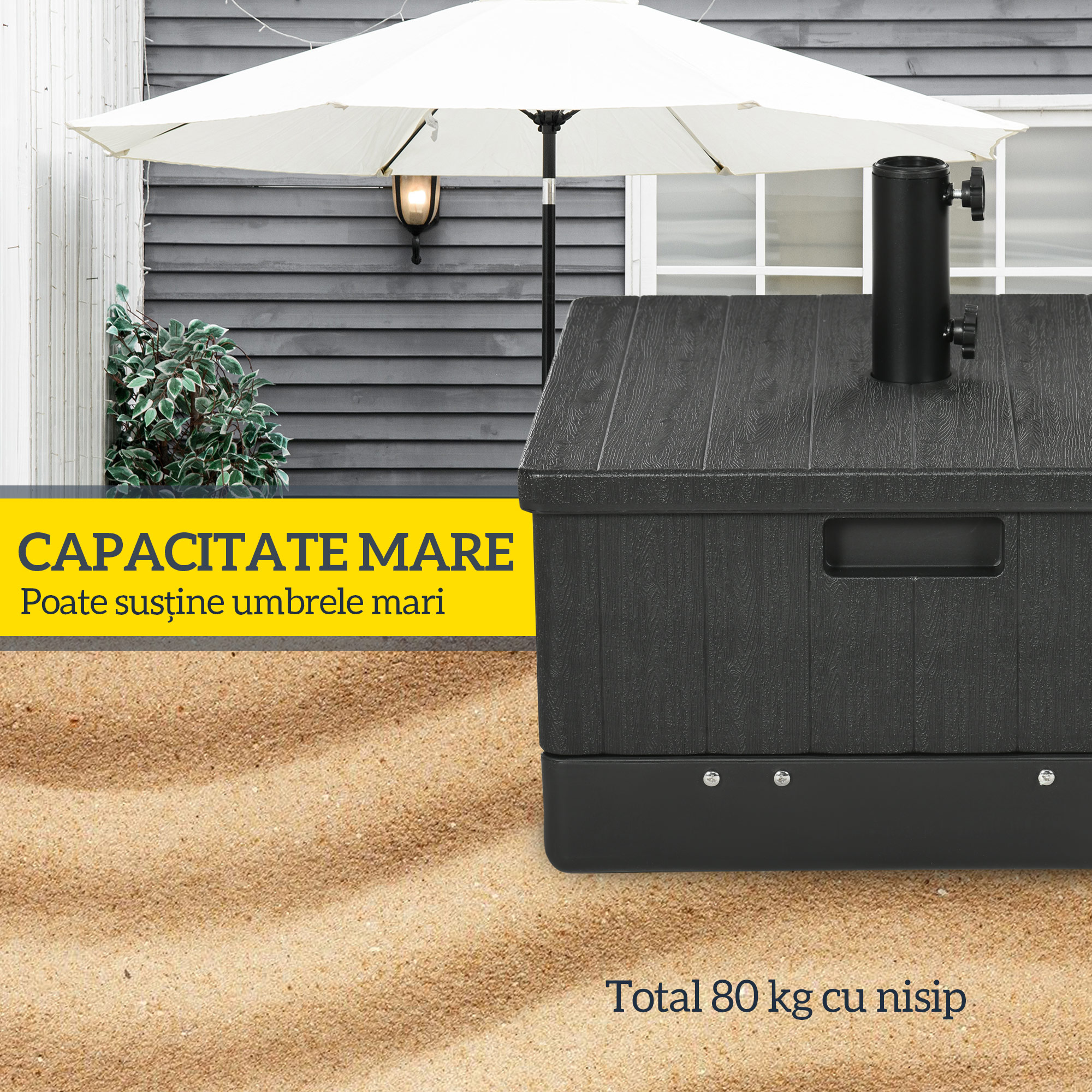  Baza pentru Umbrela 3-in-1 Exterior, Masuta de Cafea, Jardiniera cu Orificiu de Scurgere, Capacitate 80 kg, Suport Umplut cu Roti si Manere pentru Terasa si Piscina, Negru [5]